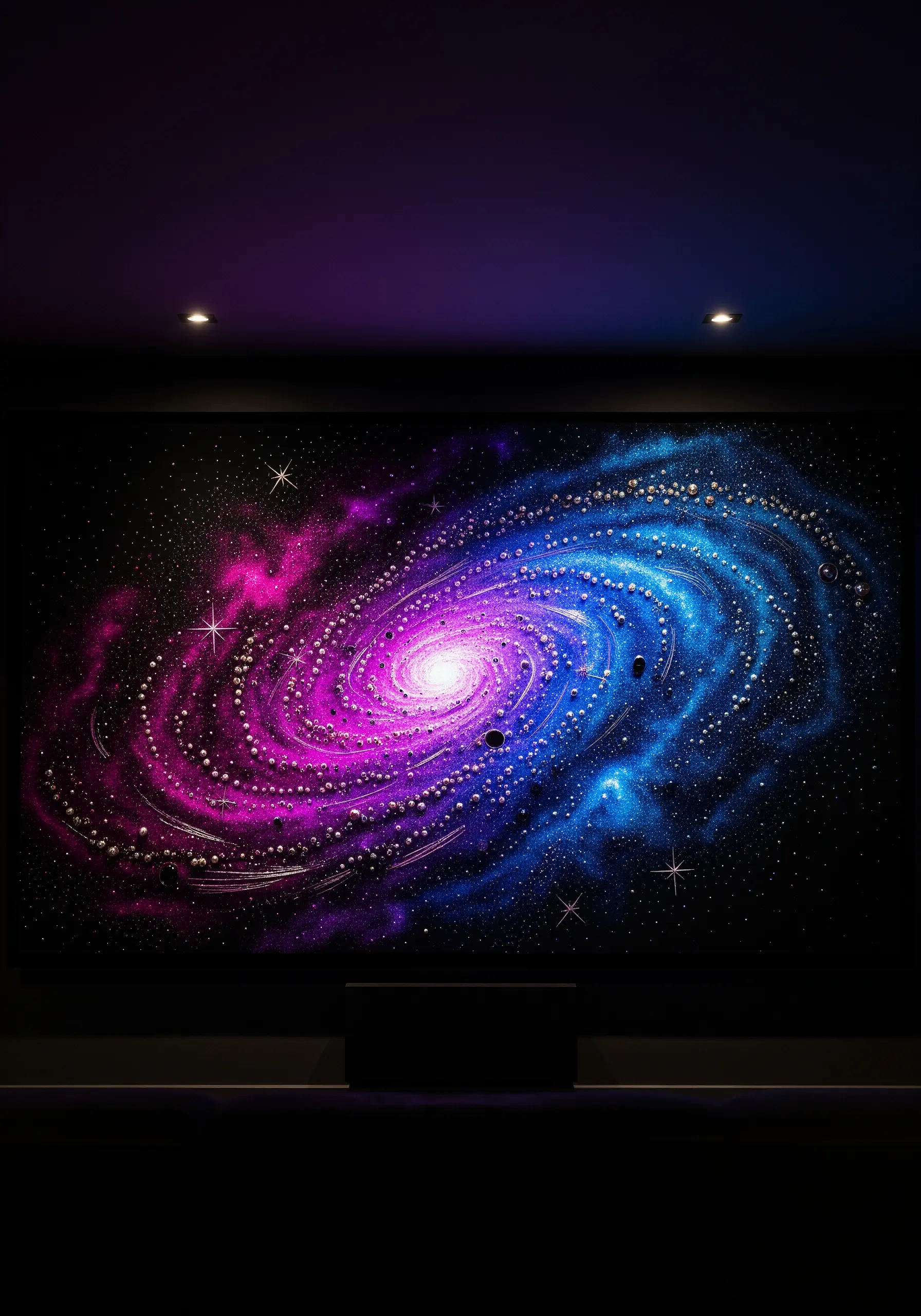 An intricate embroidery of a spiral galaxy in pink and blue, embellished with beads as stars.