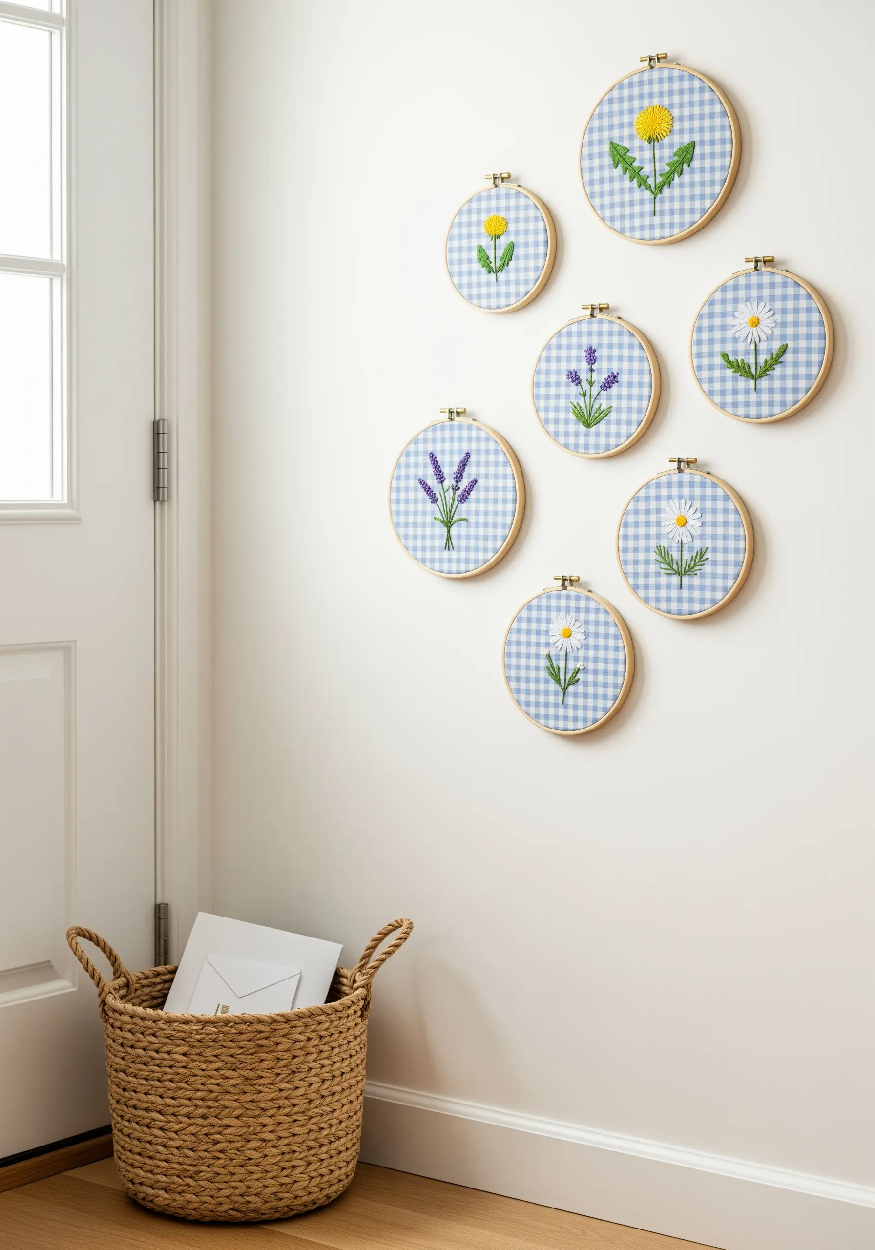Simple floral embroidery on blue and white gingham fabric in multiple hoops.
