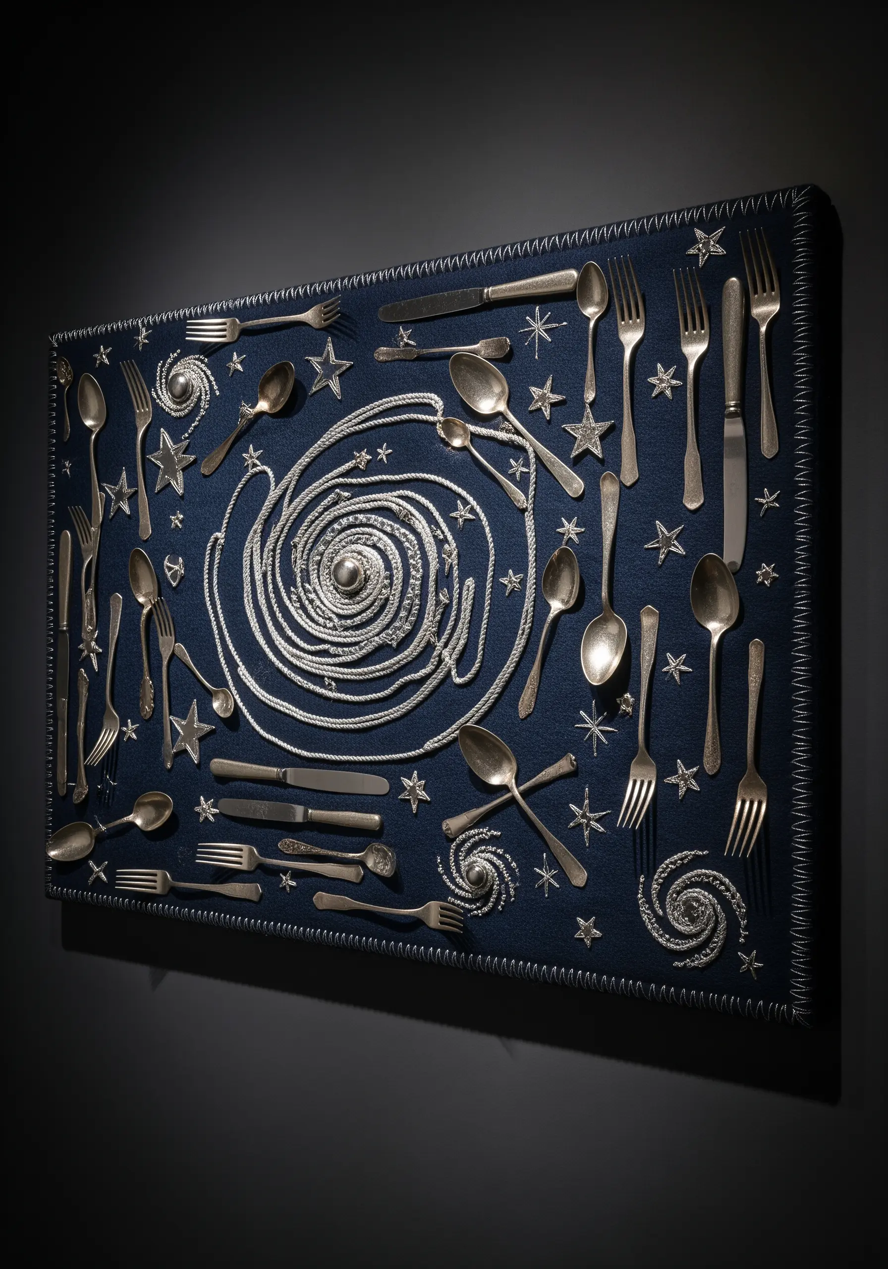 A wall art piece with silver cutlery arranged on a dark blue canvas with embroidered stars.