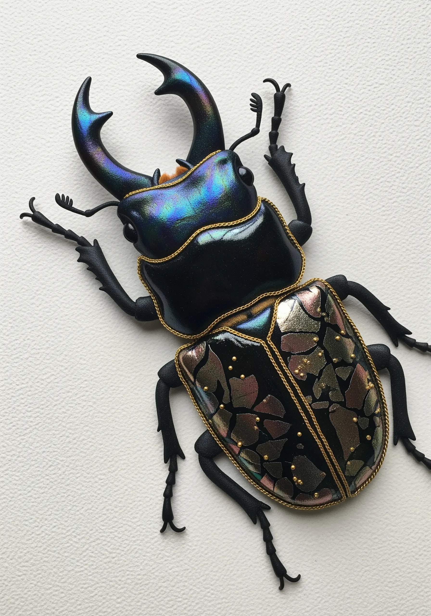 An iridescent stag beetle made from faux leather and outlined with couched gold cord.