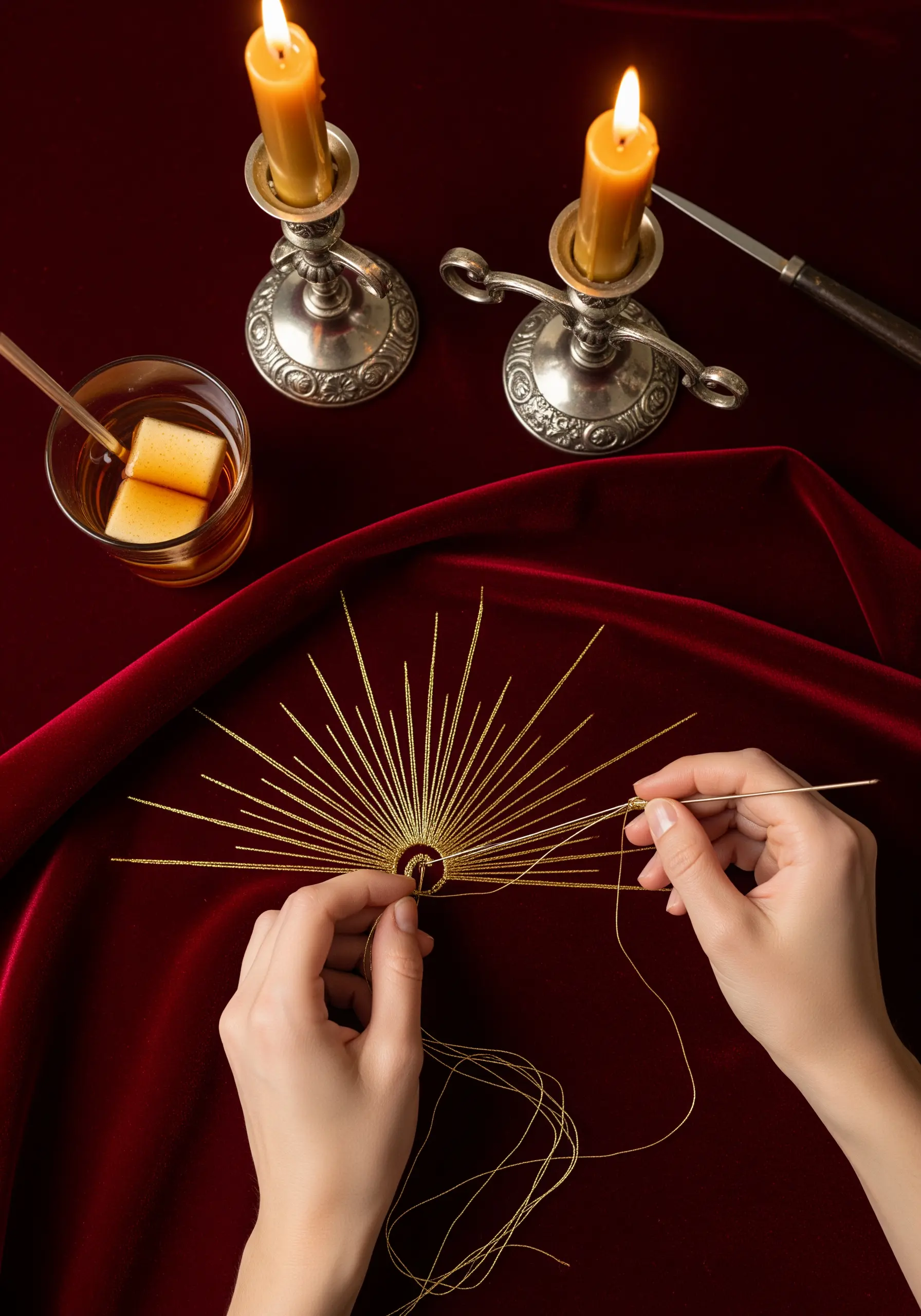 A celestial sunburst design being stitched with gold metallic thread on red velvet fabric.