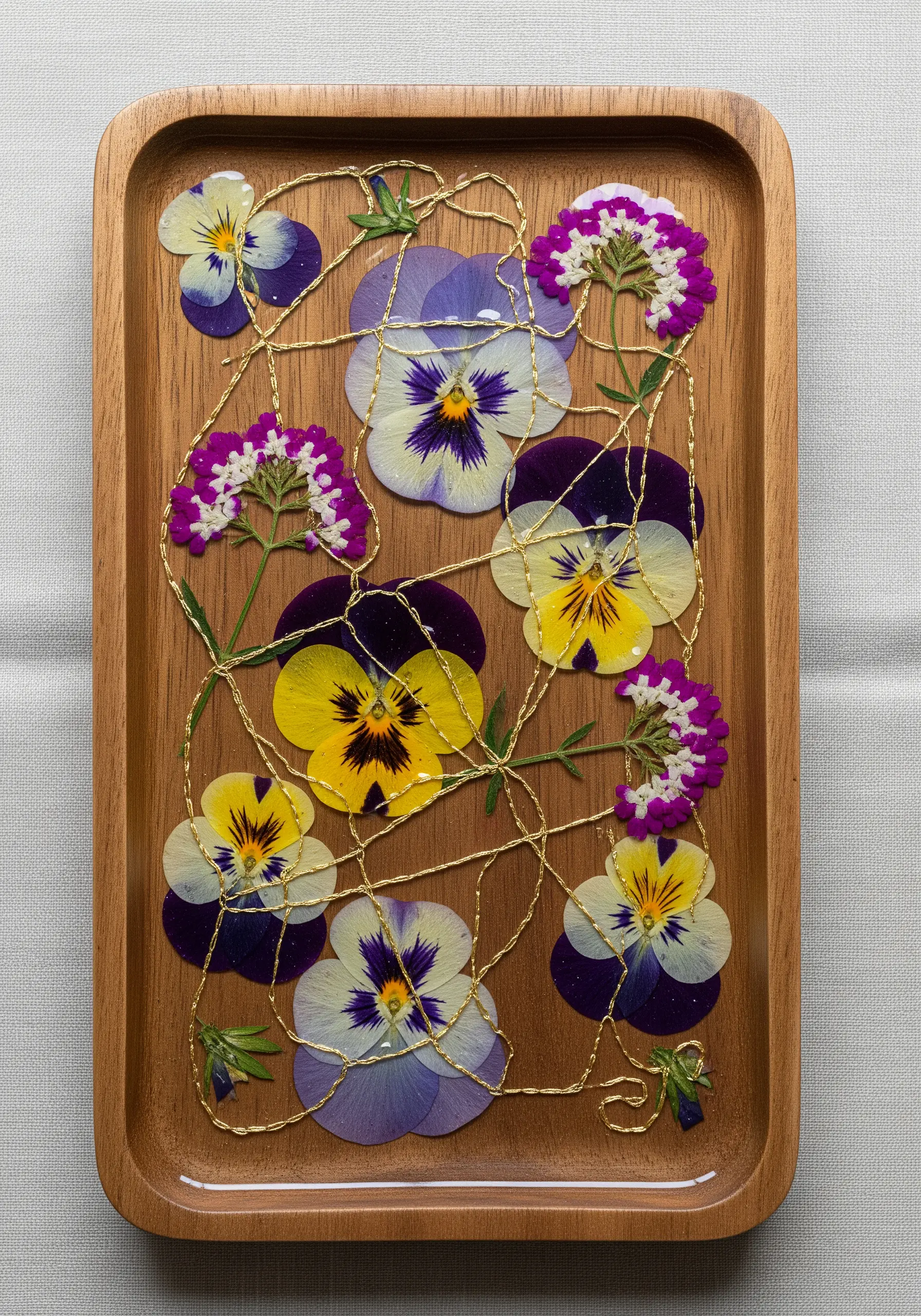 Pressed pansies on a wooden tray, framed with couched gold metallic thread.