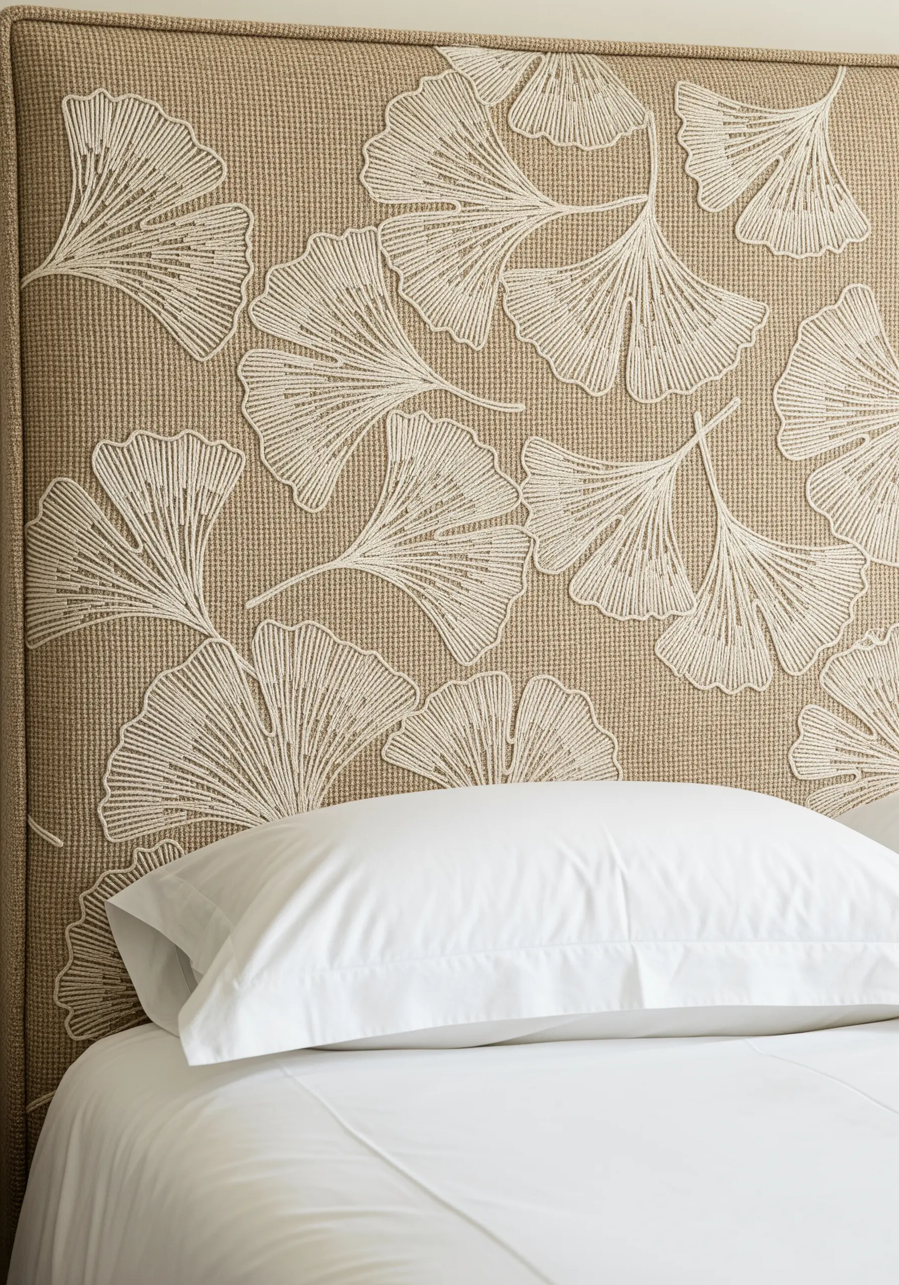 Raised cream-colored ginkgo leaf embroidery on a textured headboard.