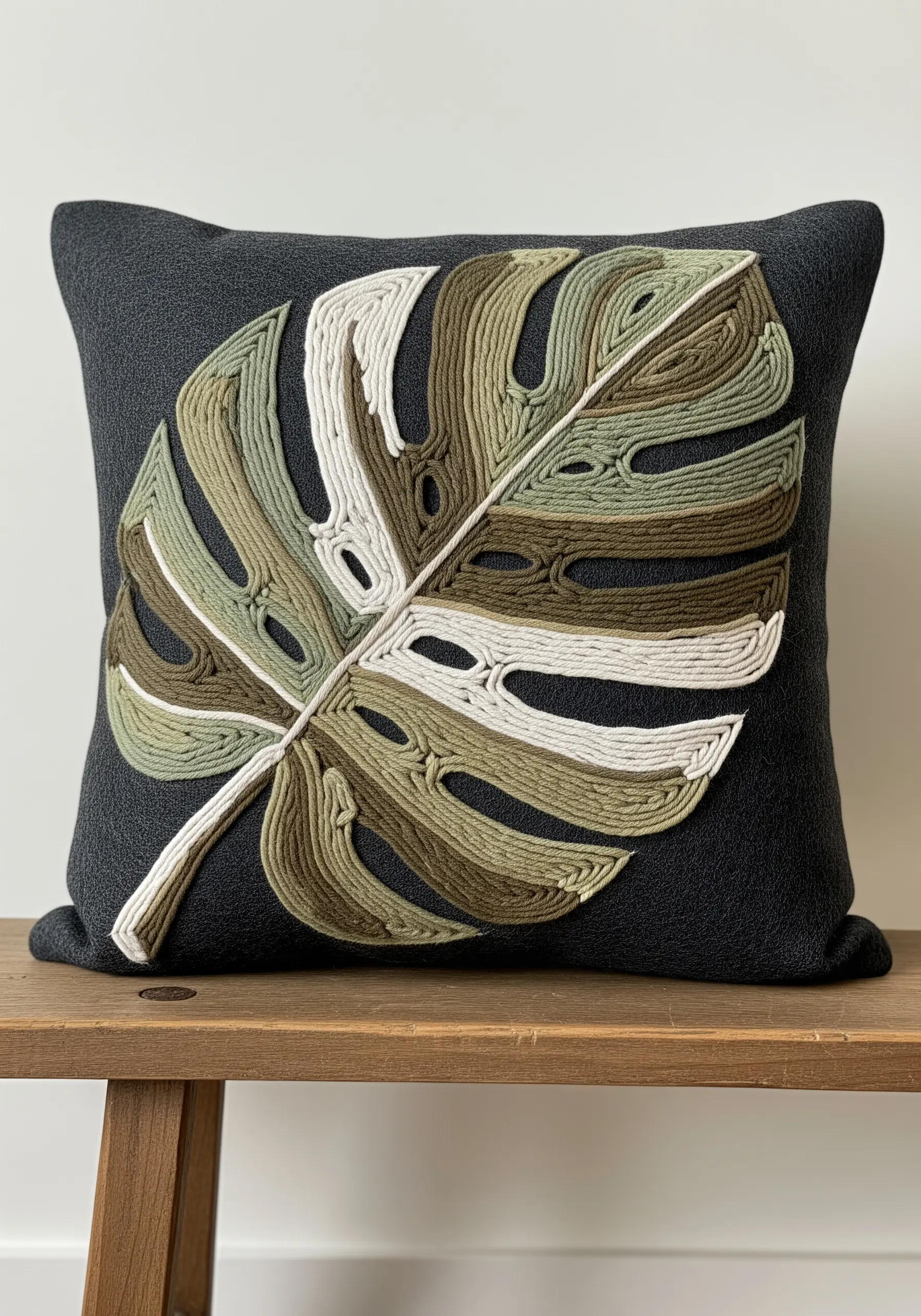 A dark gray cushion with a large monstera leaf embroidered using thick, couched yarn in neutral tones.