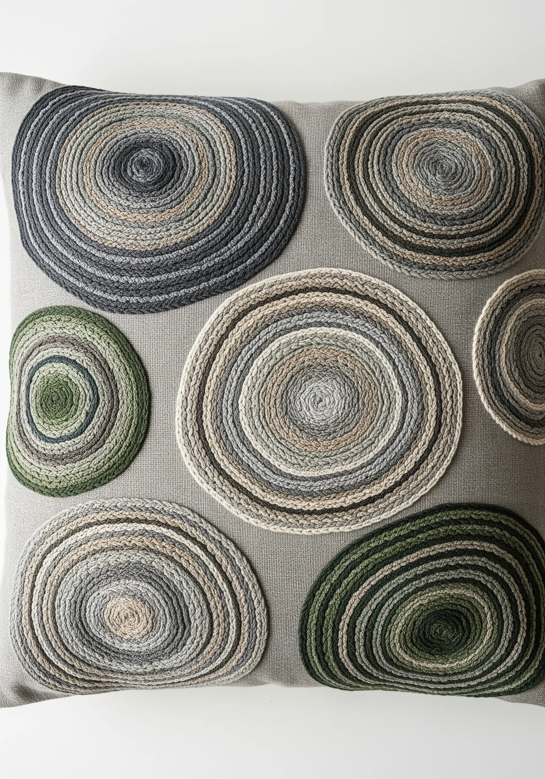 A grey cushion decorated with couched yarn spirals in shades of grey, green, and beige, resembling pebbles.