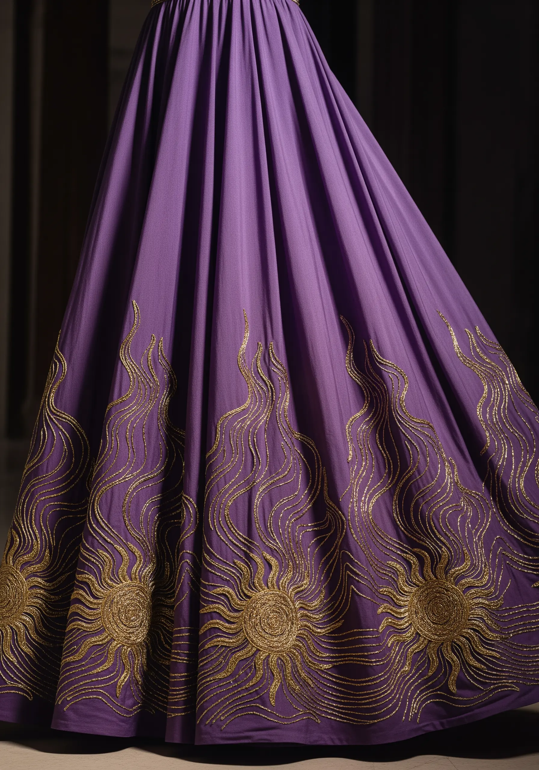 Purple dress with gold cord couched embroidery in sun ray patterns