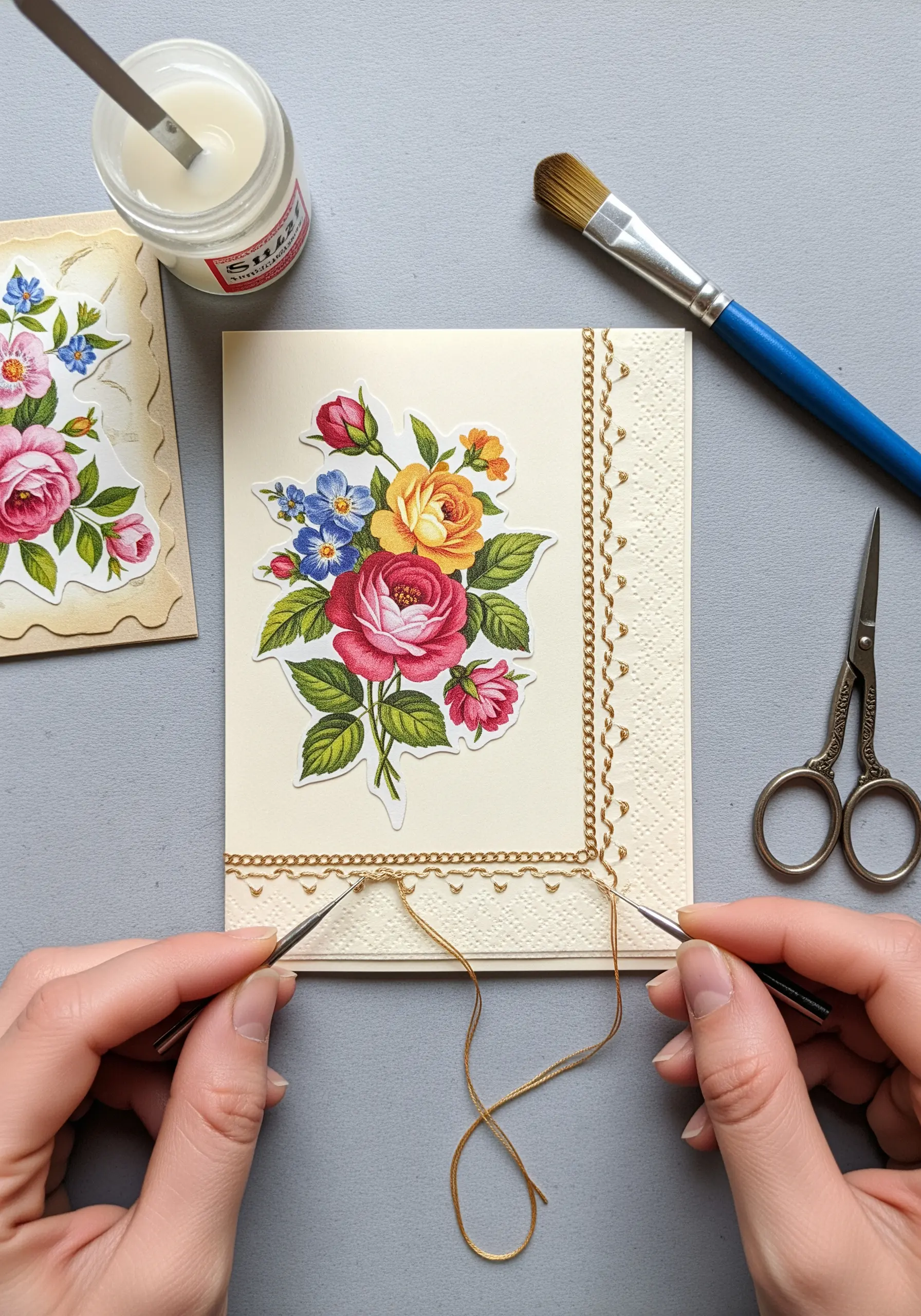 Gold cord being couched onto an embossed greeting card to create a decorative border.