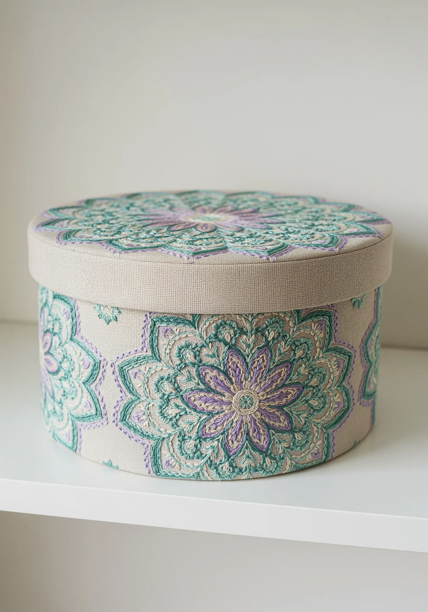 A round fabric-covered box featuring an embroidered mandala in teal and purple.
