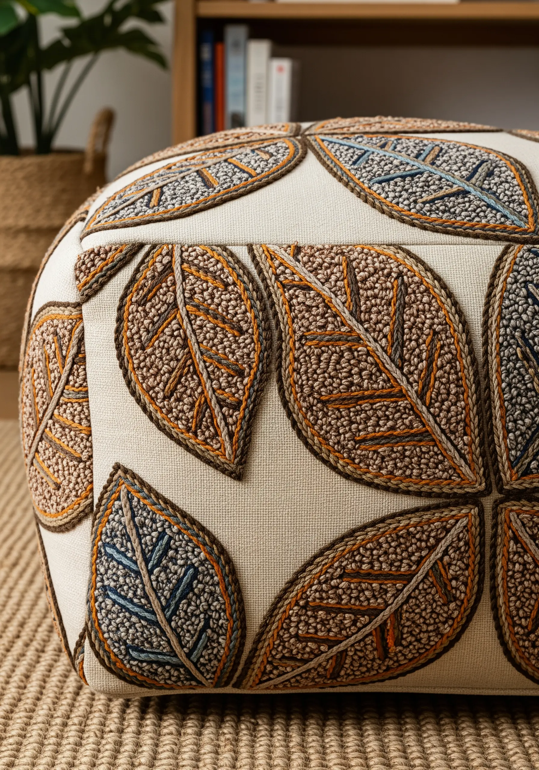 A fabric pouf covered in a repeating pattern of leaves filled with various textures.