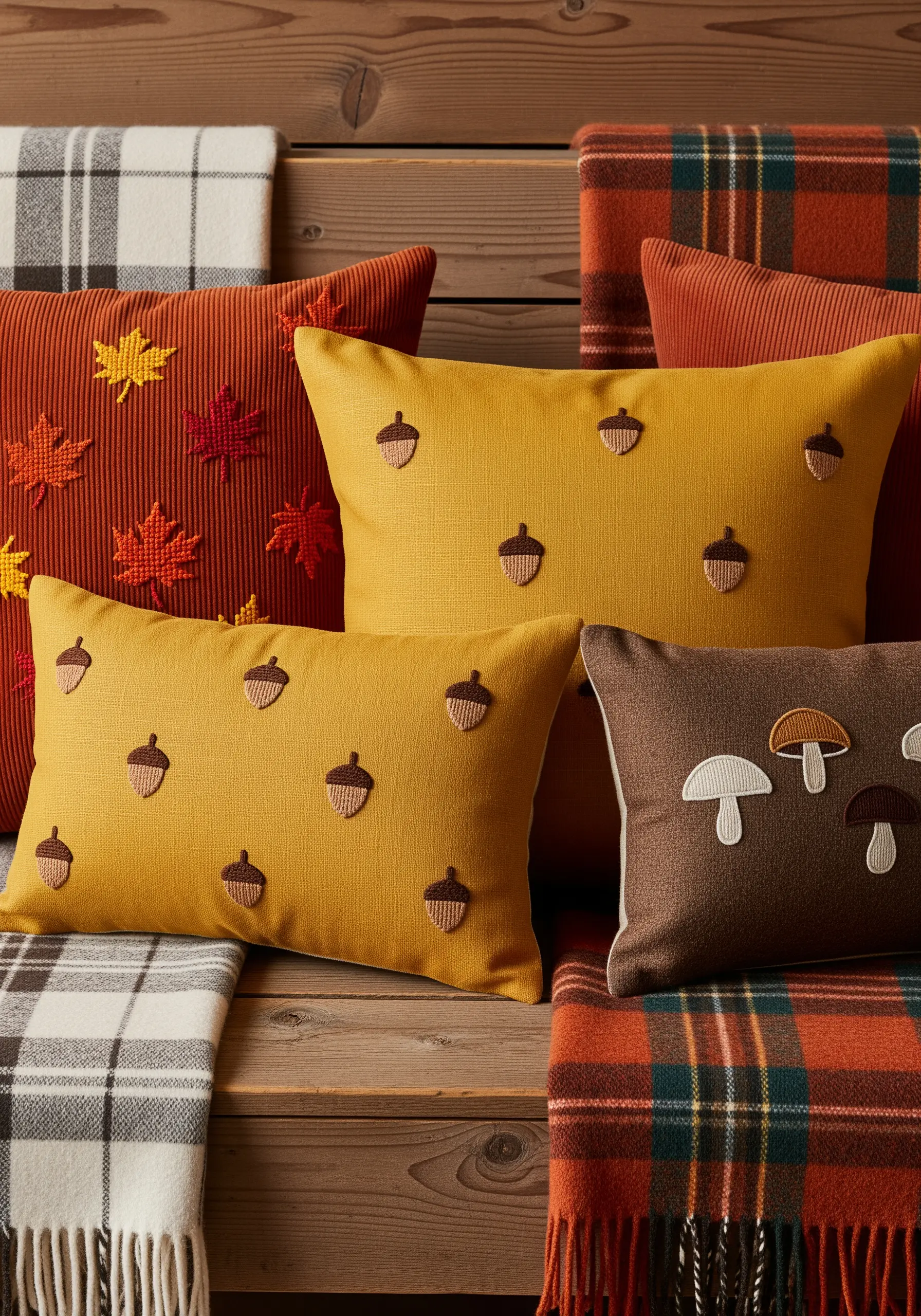 Autumnal embroidery and appliqué motifs like acorns, leaves, and mushrooms on textured pillows.