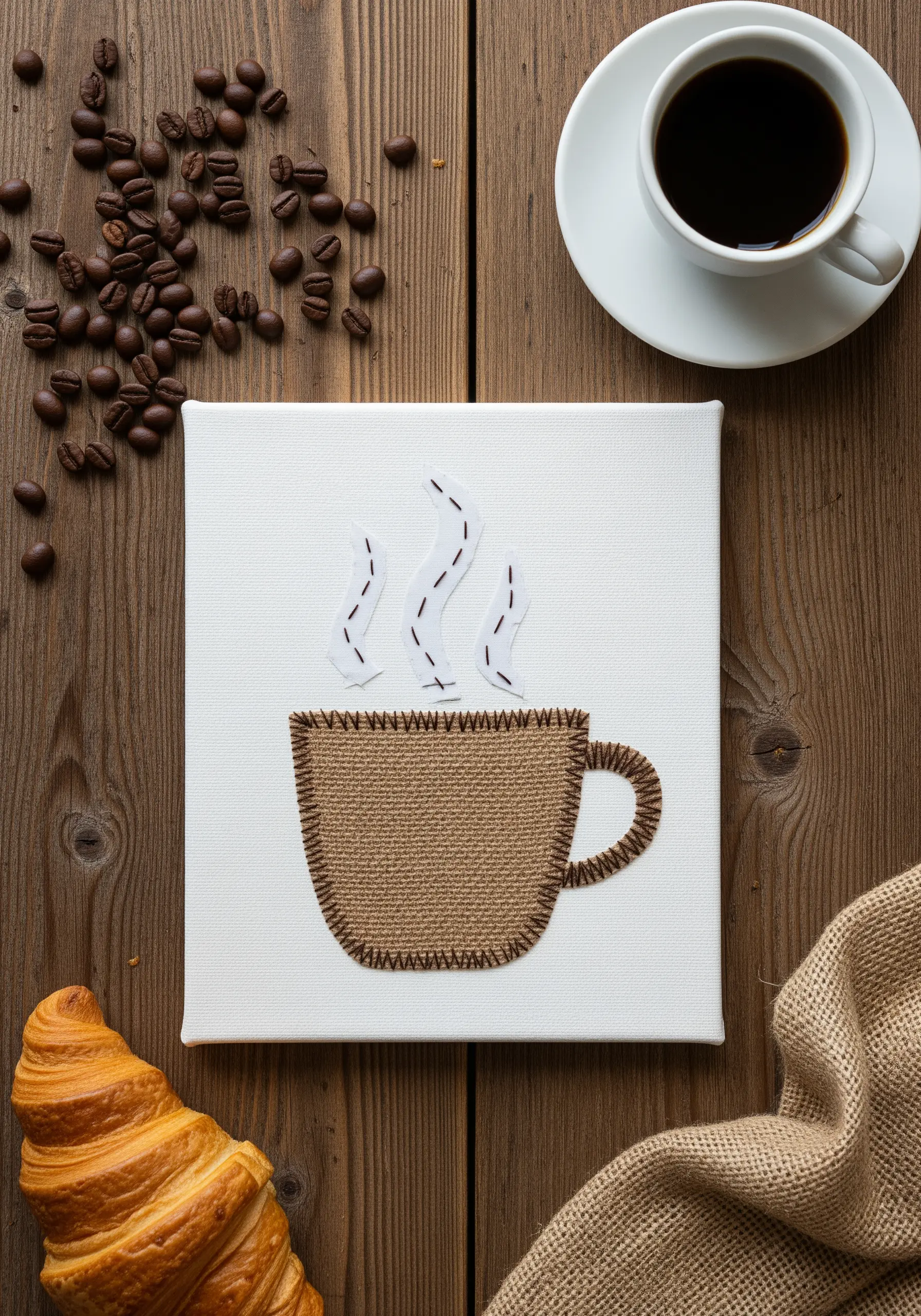 A burlap coffee cup appliqué with dark brown blanket stitch edging on a white canvas.