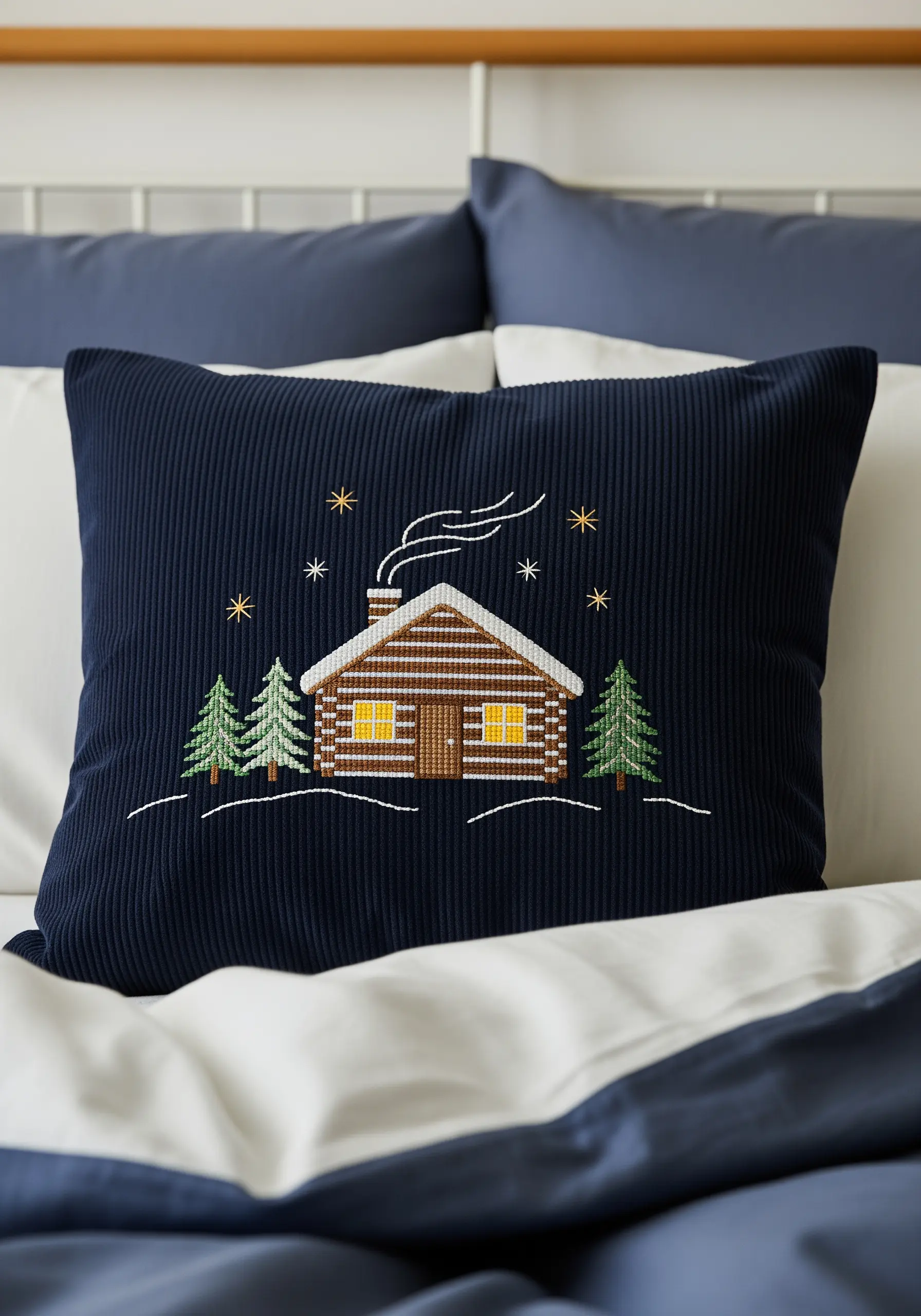 A cozy, cross-stitched log cabin scene on a dark blue corduroy pillow.