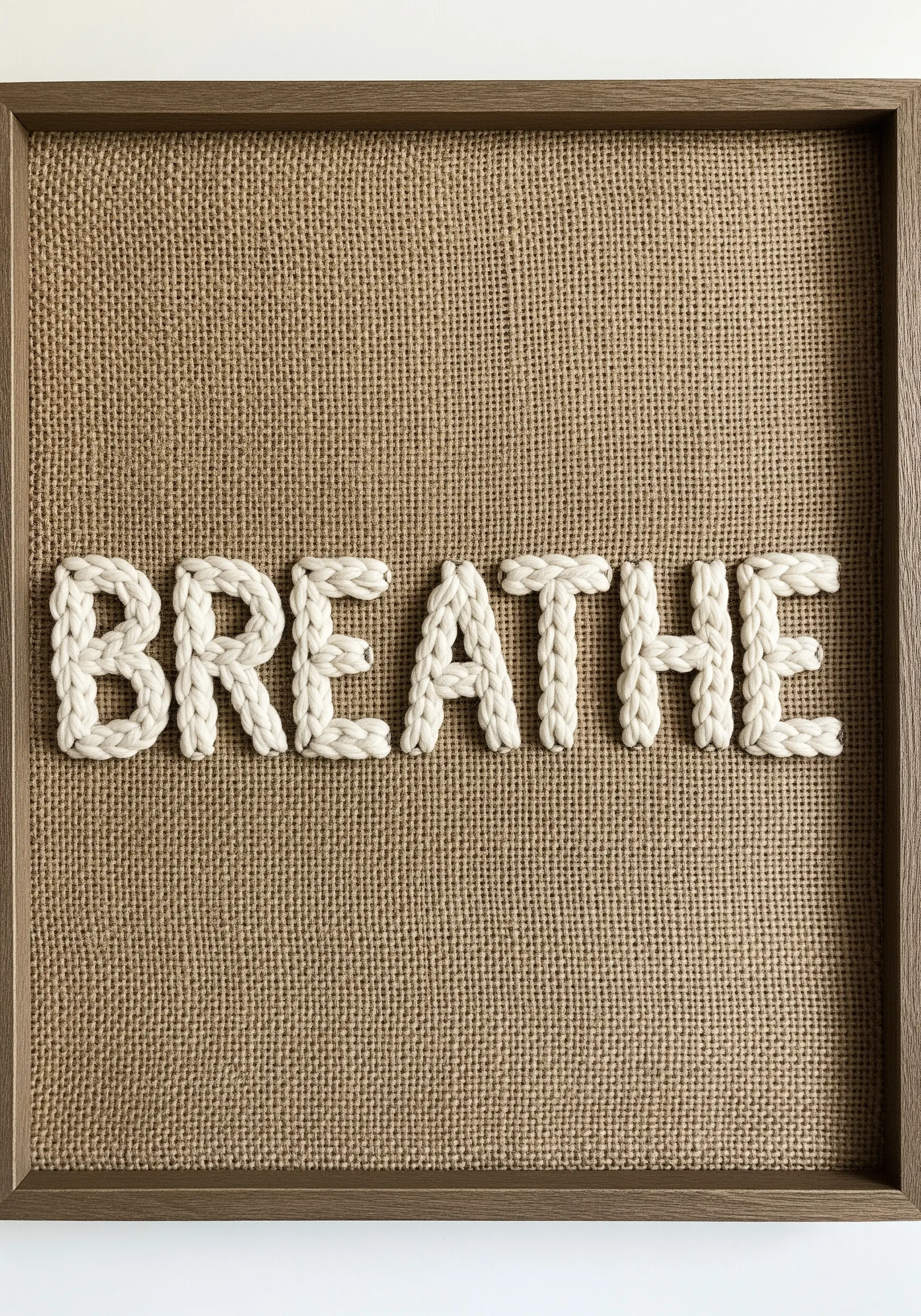 The word “BREATHE” crafted from a thick, white knitted cord and mounted on a burlap canvas.