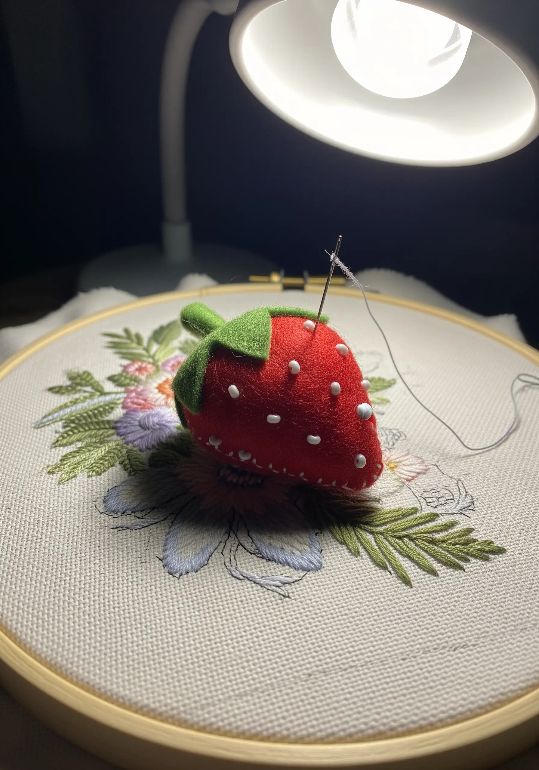 A 3D felt strawberry pincushion resting on an embroidery hoop with a floral design.