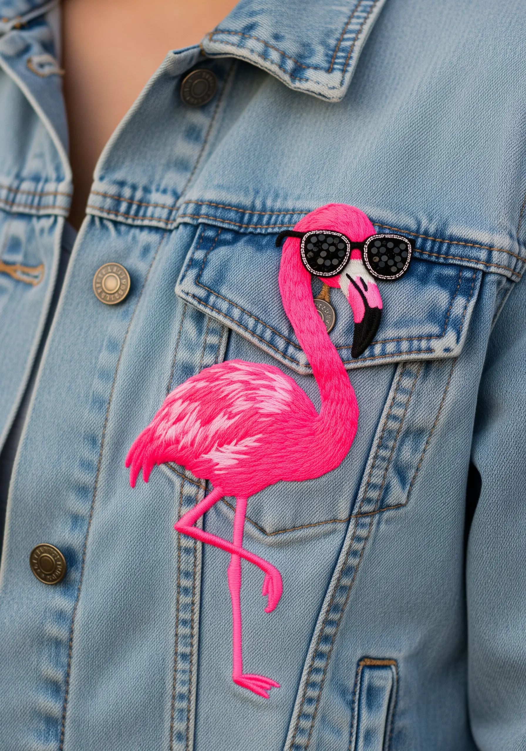 A 3D stumpwork flamingo patch with beaded sunglasses pinned to a denim jacket.