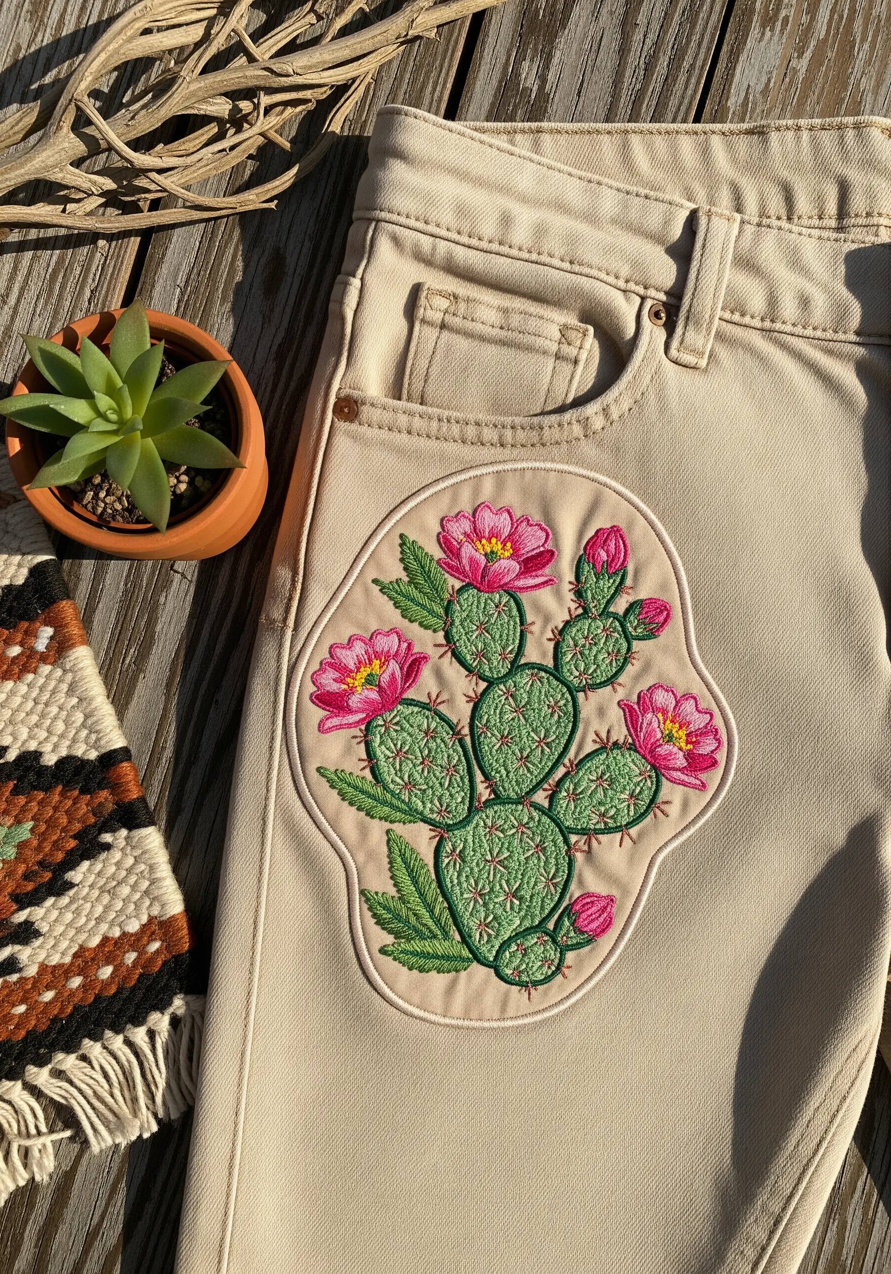 A prickly pear cactus patch with bright pink flowers, appliquéd onto beige jeans.
