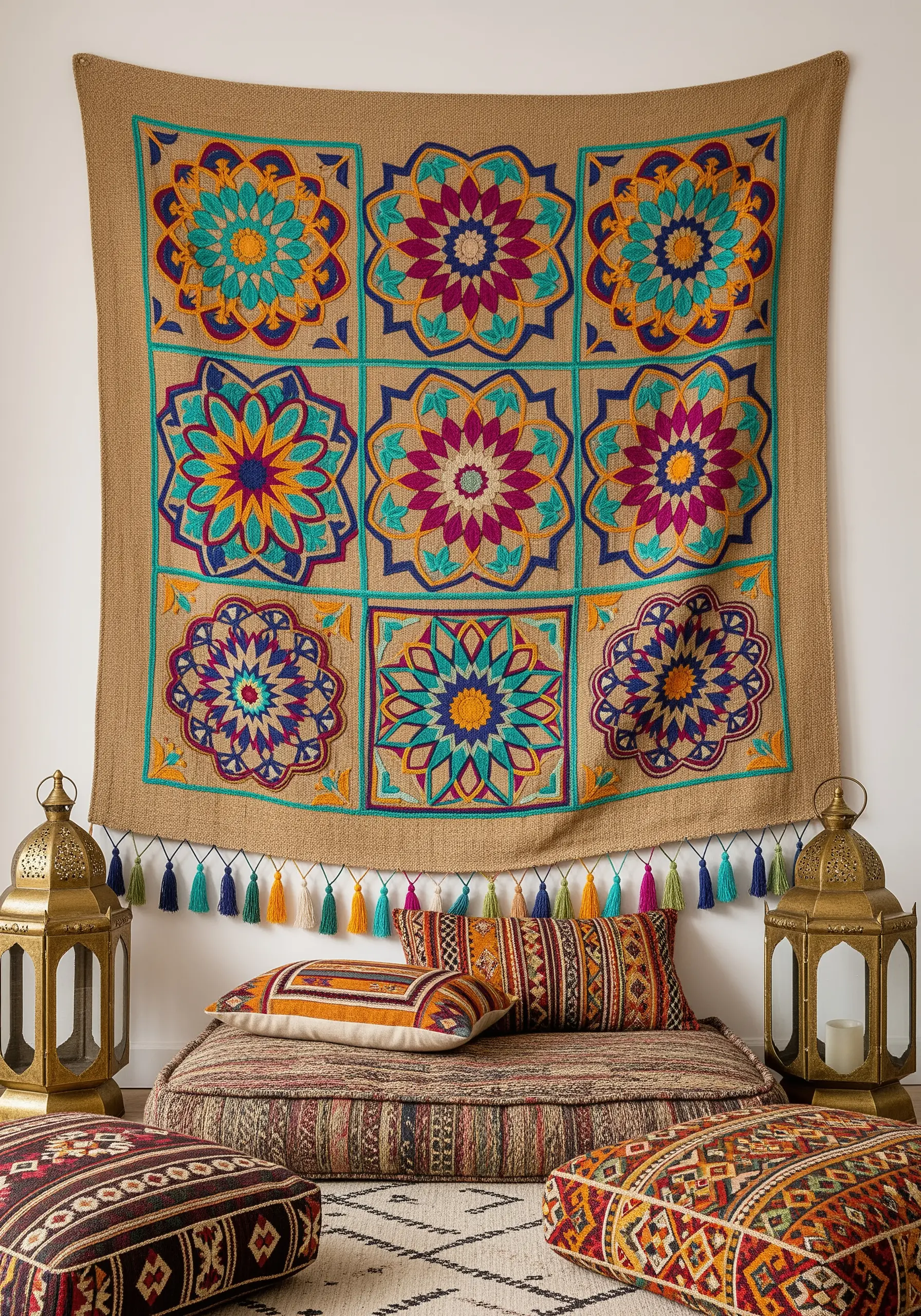 A large, colorful embroidered tapestry with nine mandala-like squares and tassels hanging on a wall.