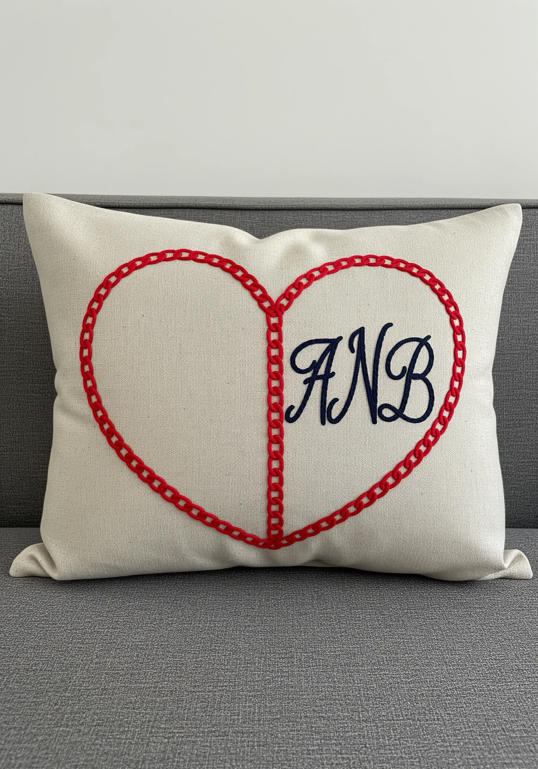 Embroidered cushion with a red chain stitch heart and navy monogram.