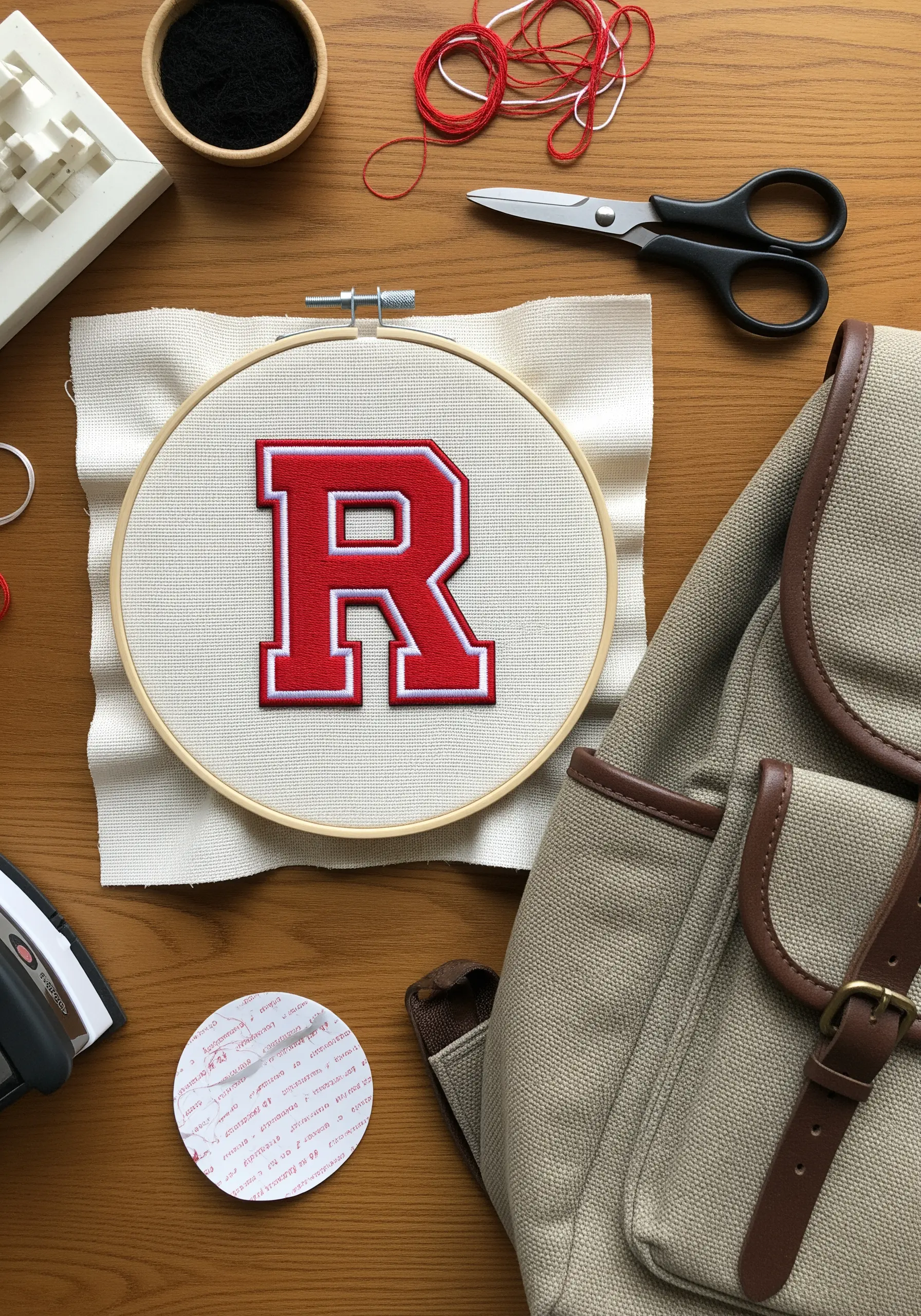 A red and white embroidered varsity letter 'R' patch being made in a hoop.