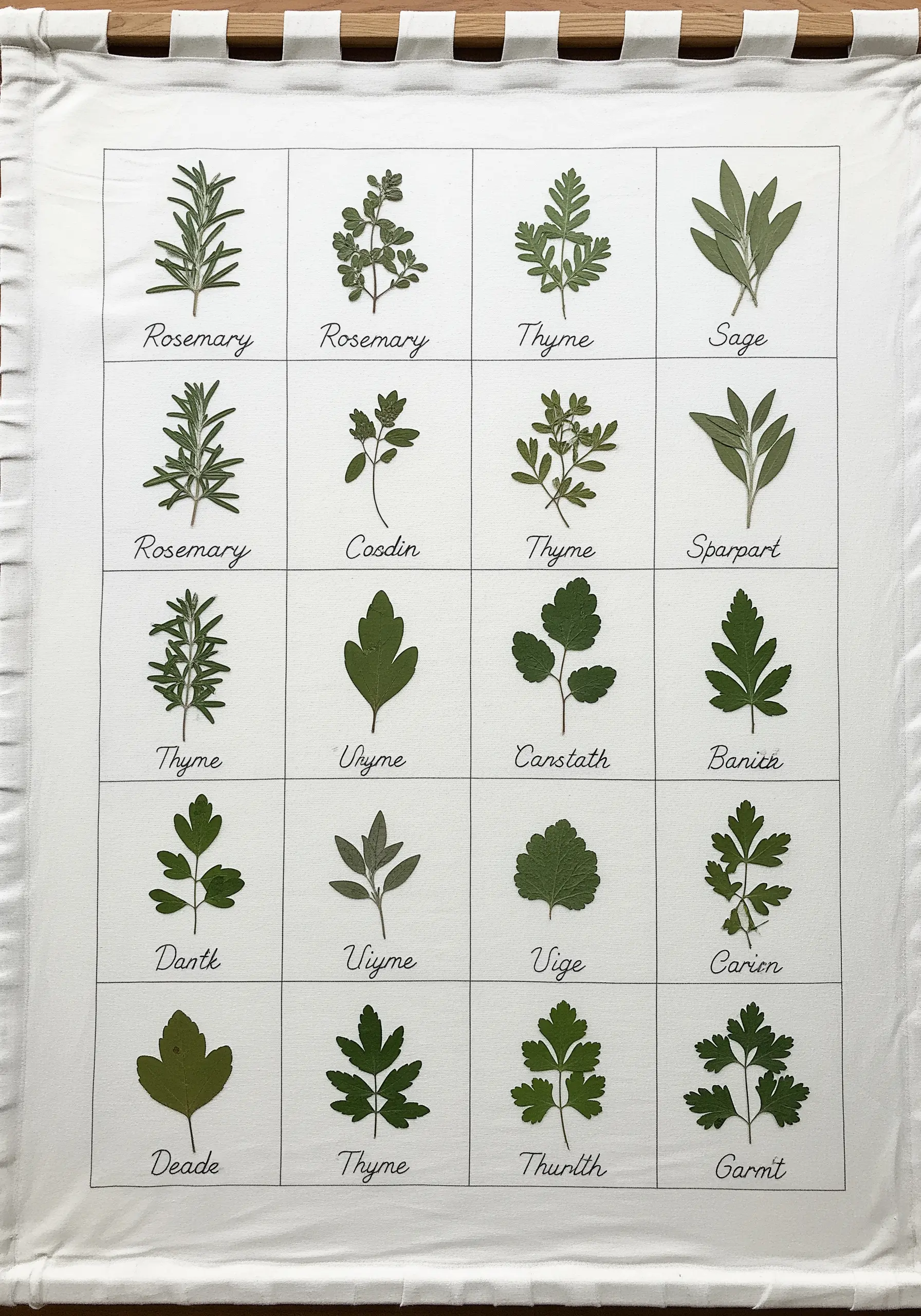 A fabric chart with a grid displaying various pressed herbs with embroidered labels underneath.