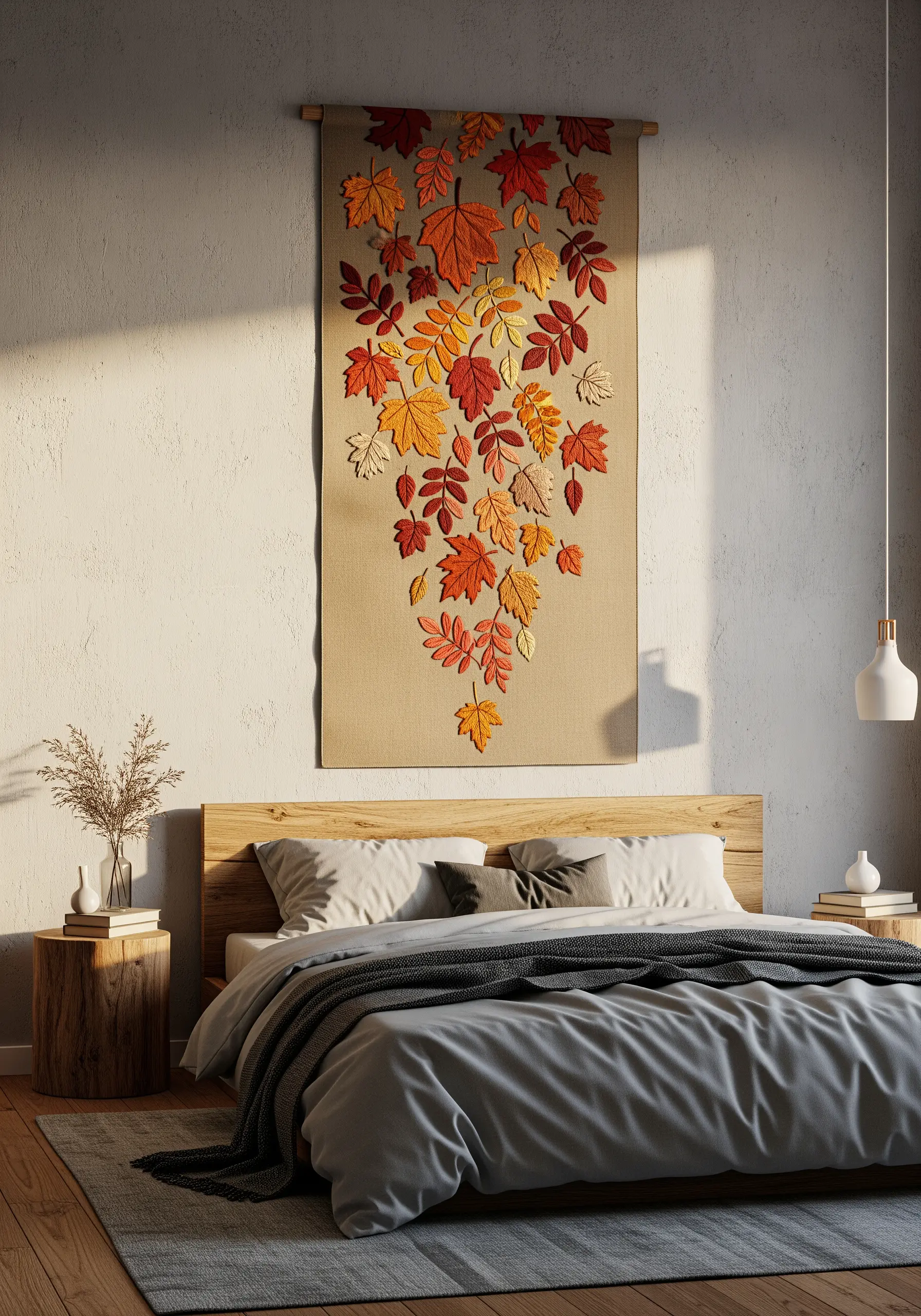 An embroidered wall tapestry of cascading autumn leaves in red, orange, and yellow.