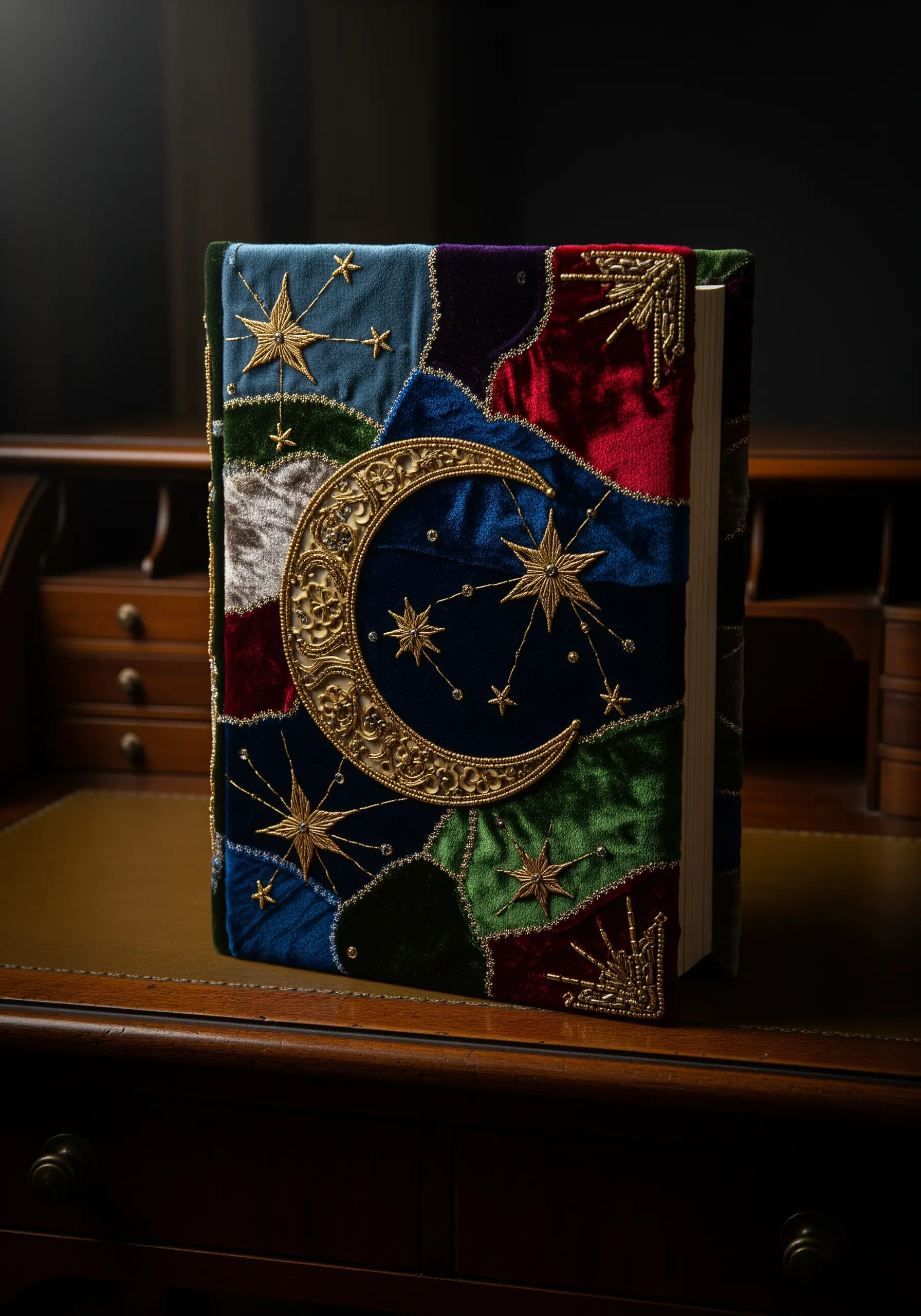A patchwork velvet book cover with gold embroidered moon and stars.