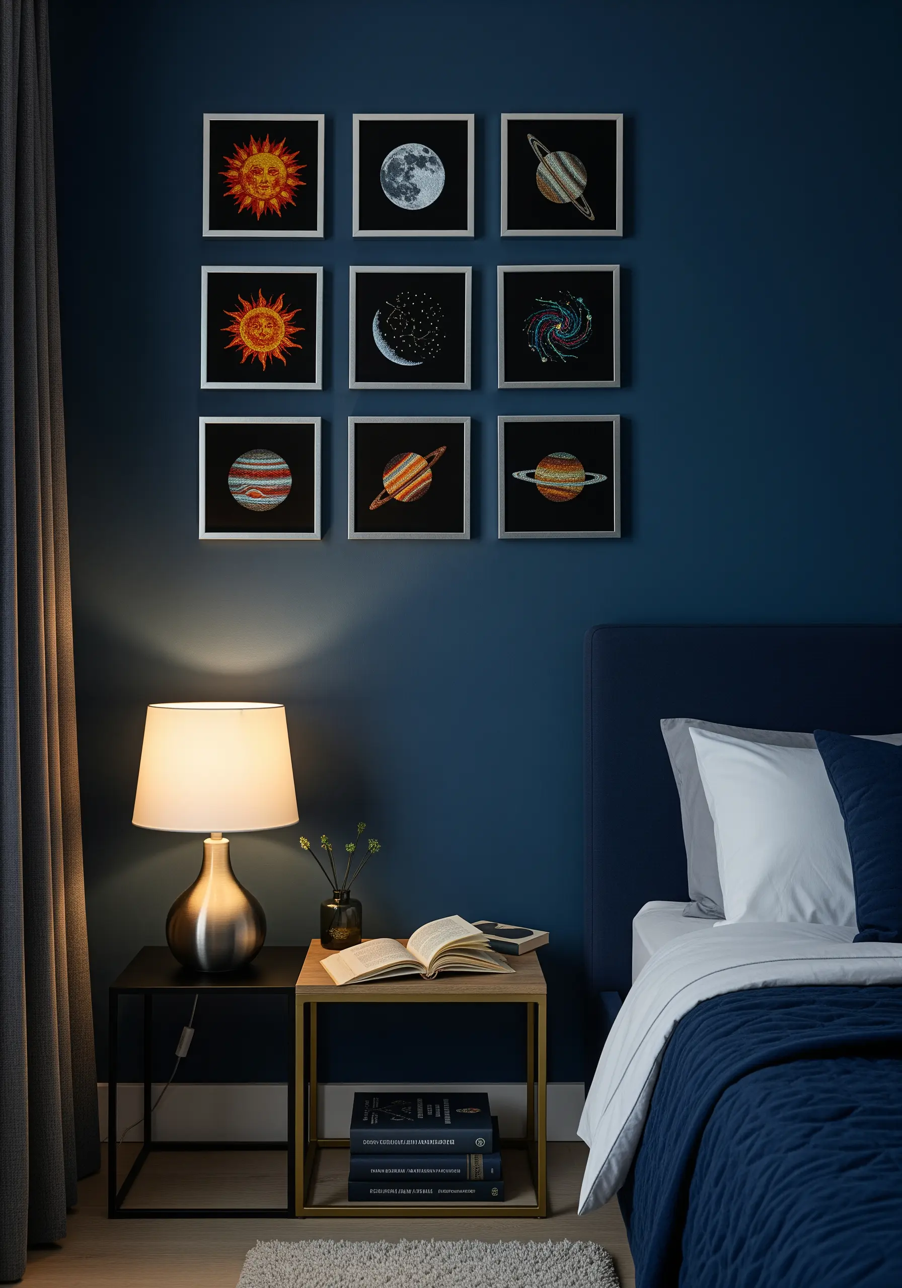 A gallery wall of nine small, framed embroideries of planets from the solar system.