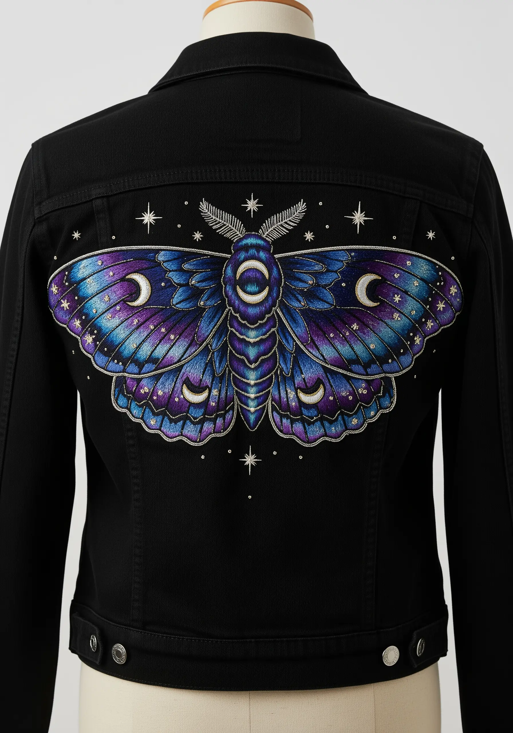 A large, intricately embroidered celestial moth with galaxy-patterned wings on a black jacket.