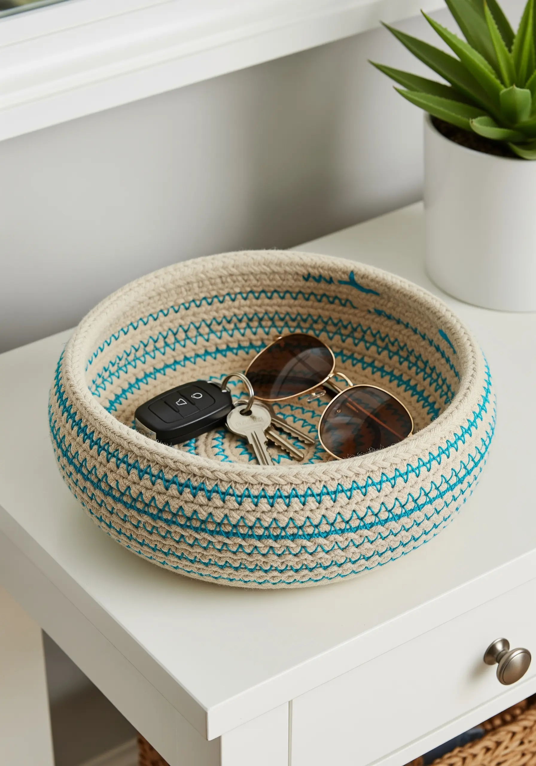 A coiled rope bowl made from natural cotton rope, stitched together with bright turquoise thread.