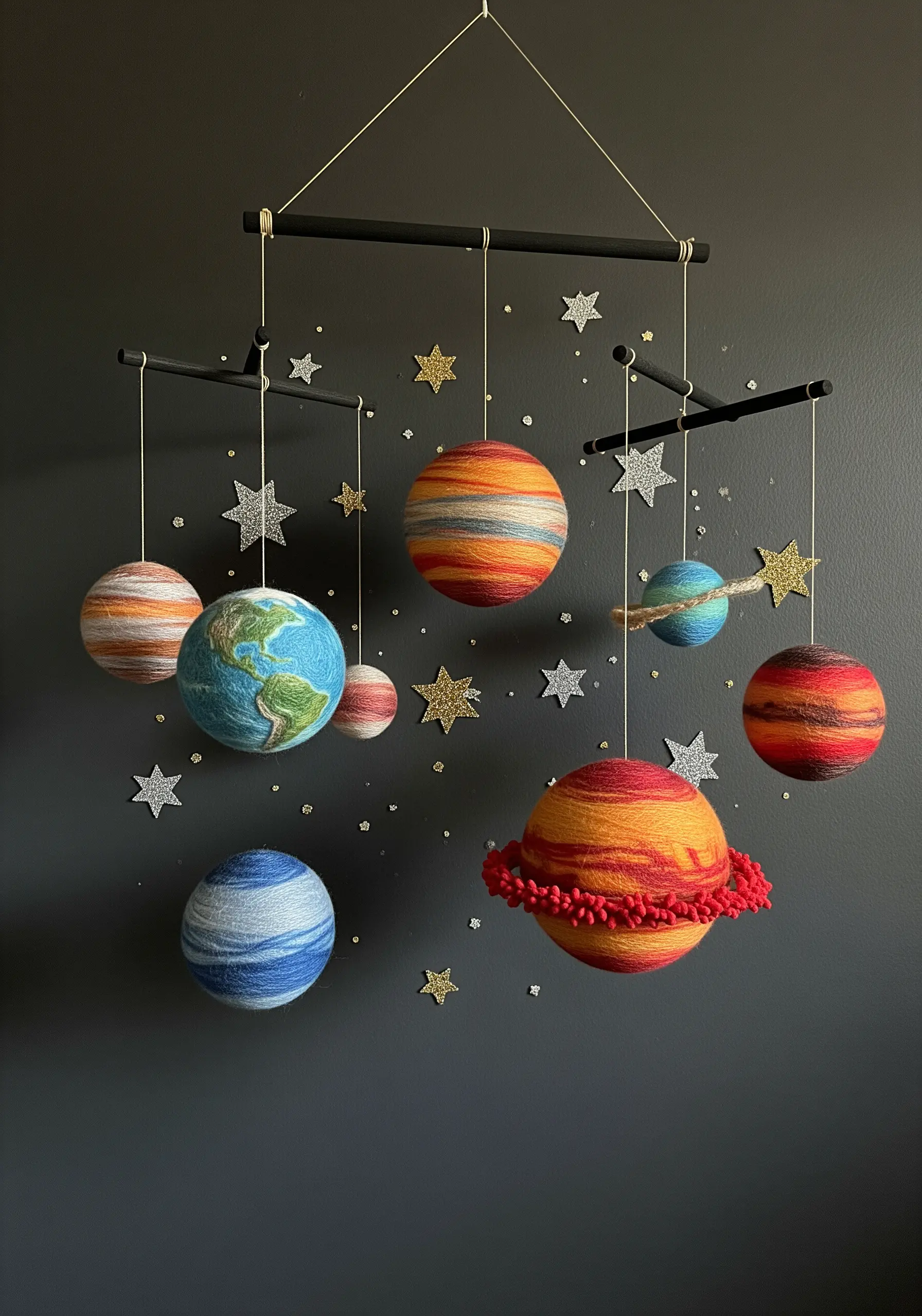 A hanging mobile of the solar system, with planets made from colorful, yarn-wrapped spheres.