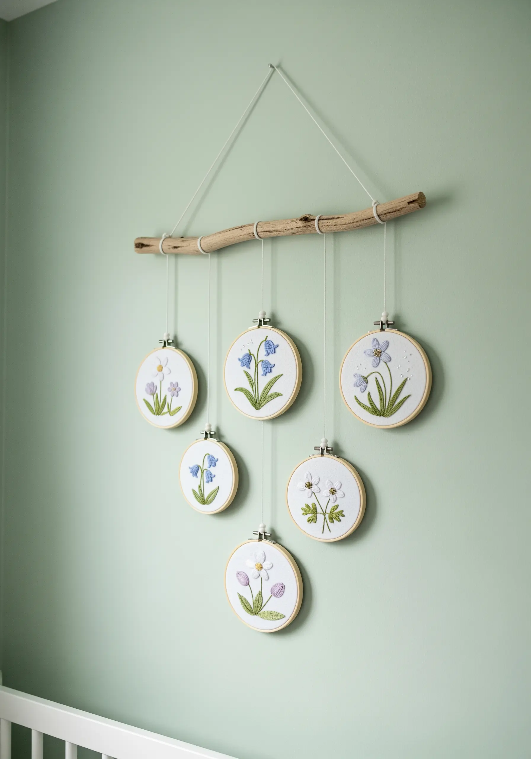 A mobile made of six small embroidery hoops with flowers, hanging from a branch.