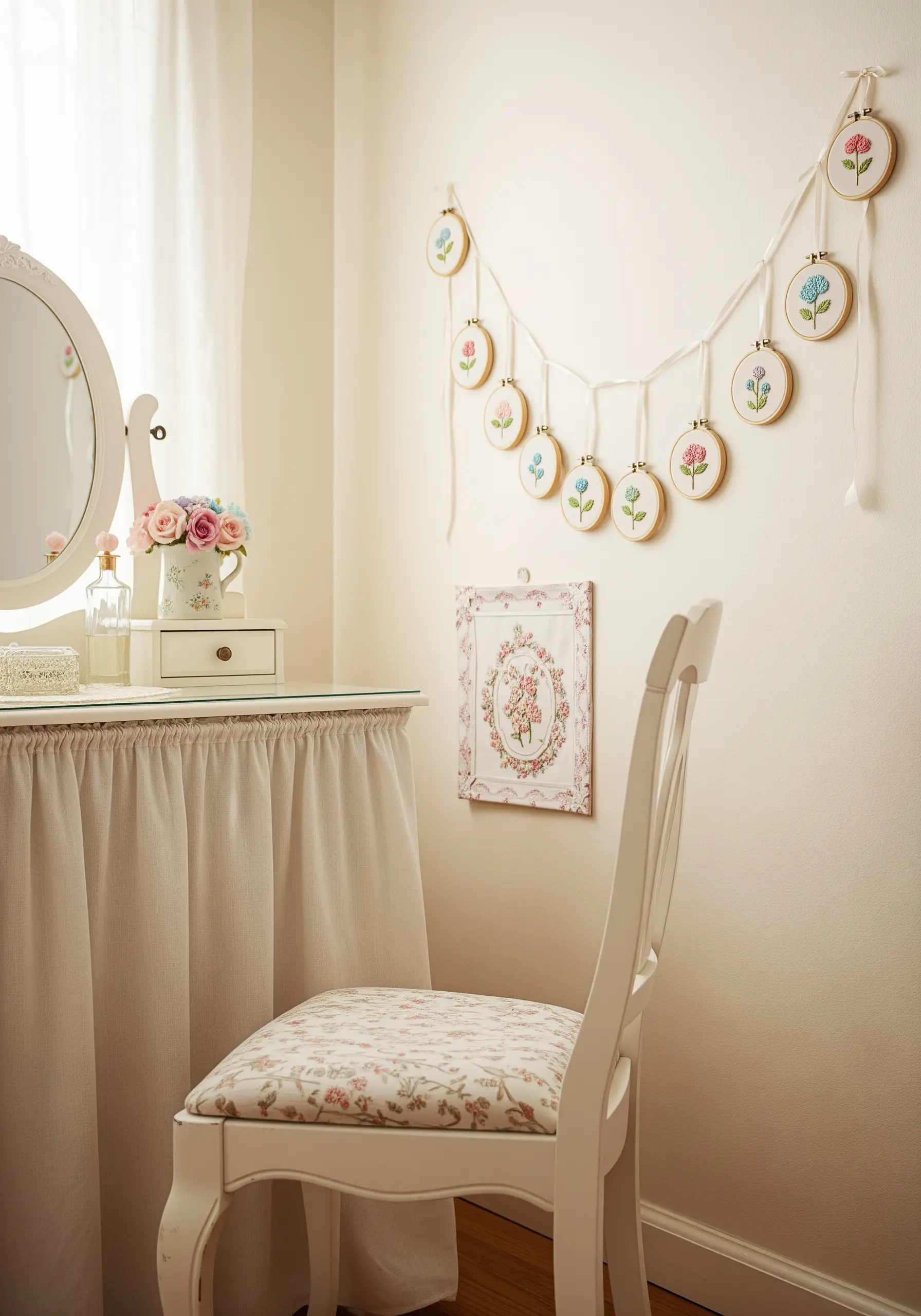 A garland made of small embroidery hoops with simple flowers, draped on a wall.