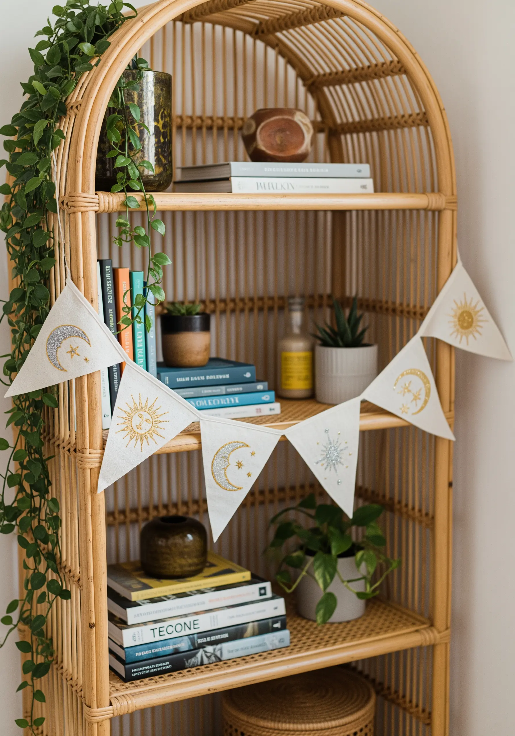 A small banner made of triangular pennants embroidered with celestial suns and moons.