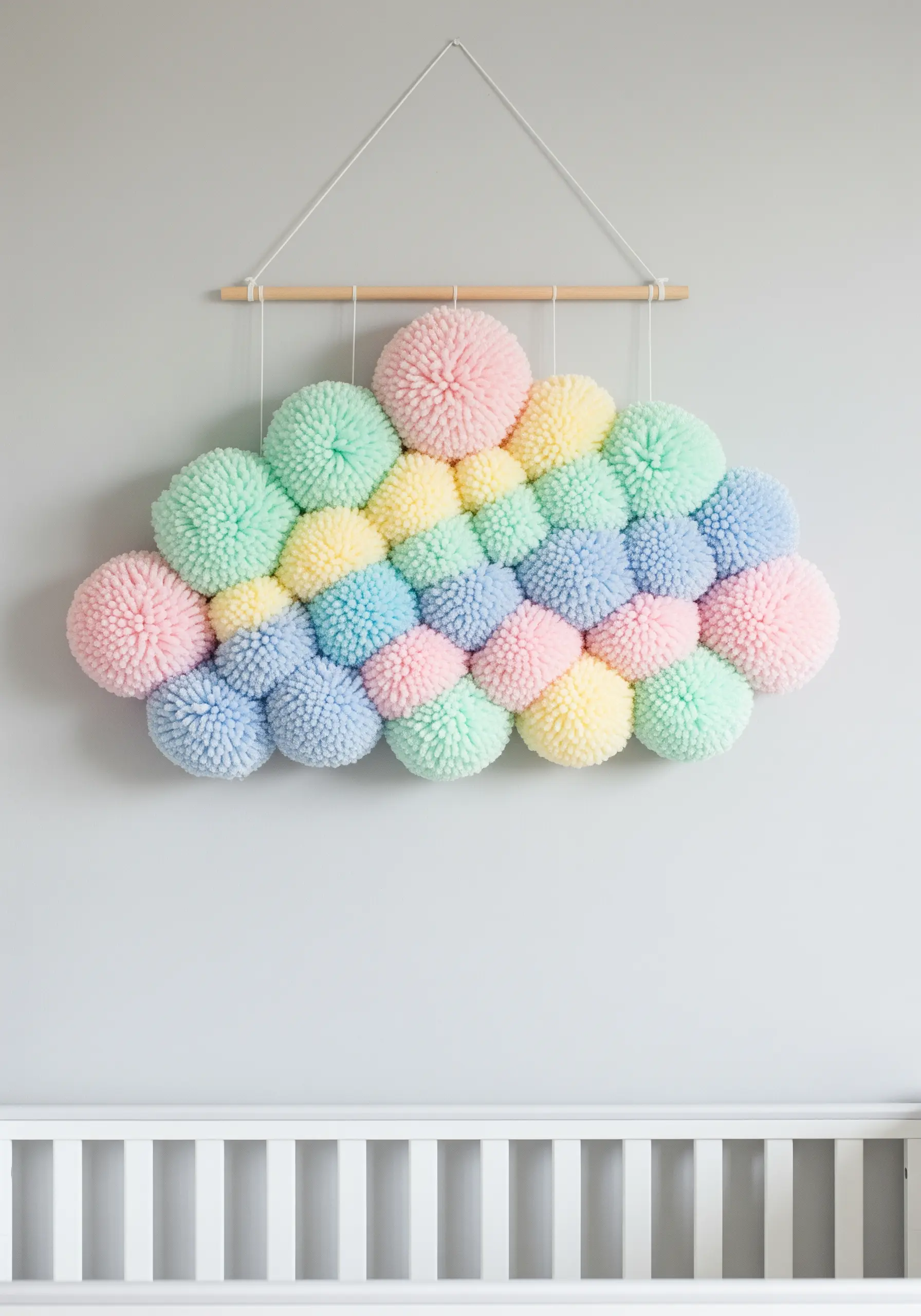 A wall hanging shaped like a cloud, made from various sizes of pastel-colored pom-poms.