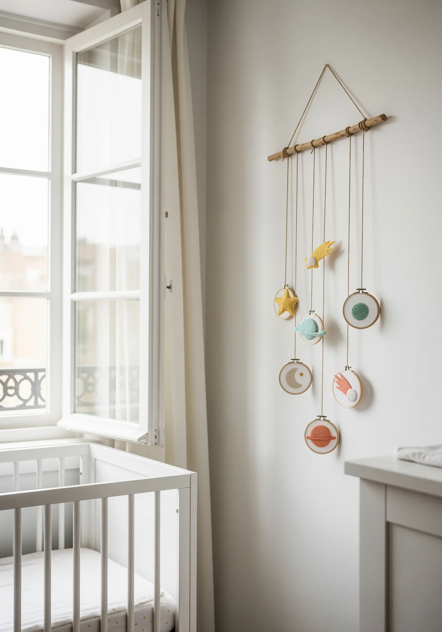 A handmade nursery mobile with small embroidered planets, stars, and moons.