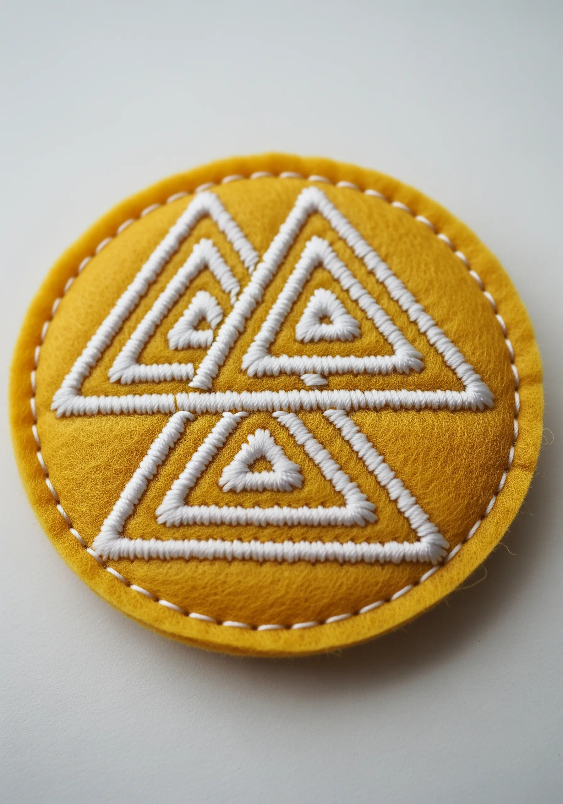 A round, yellow felt patch with a white geometric symbol and a tidy blanket-stitched edge.