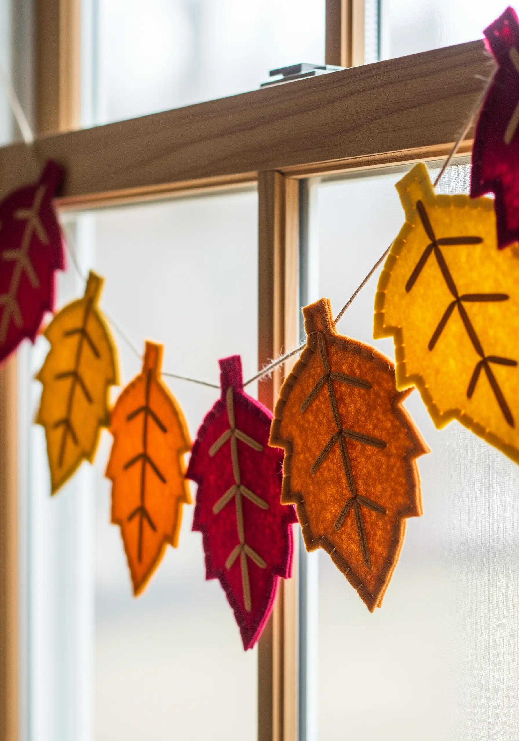 A colorful garland made of embroidered felt leaves hanging in a window.
