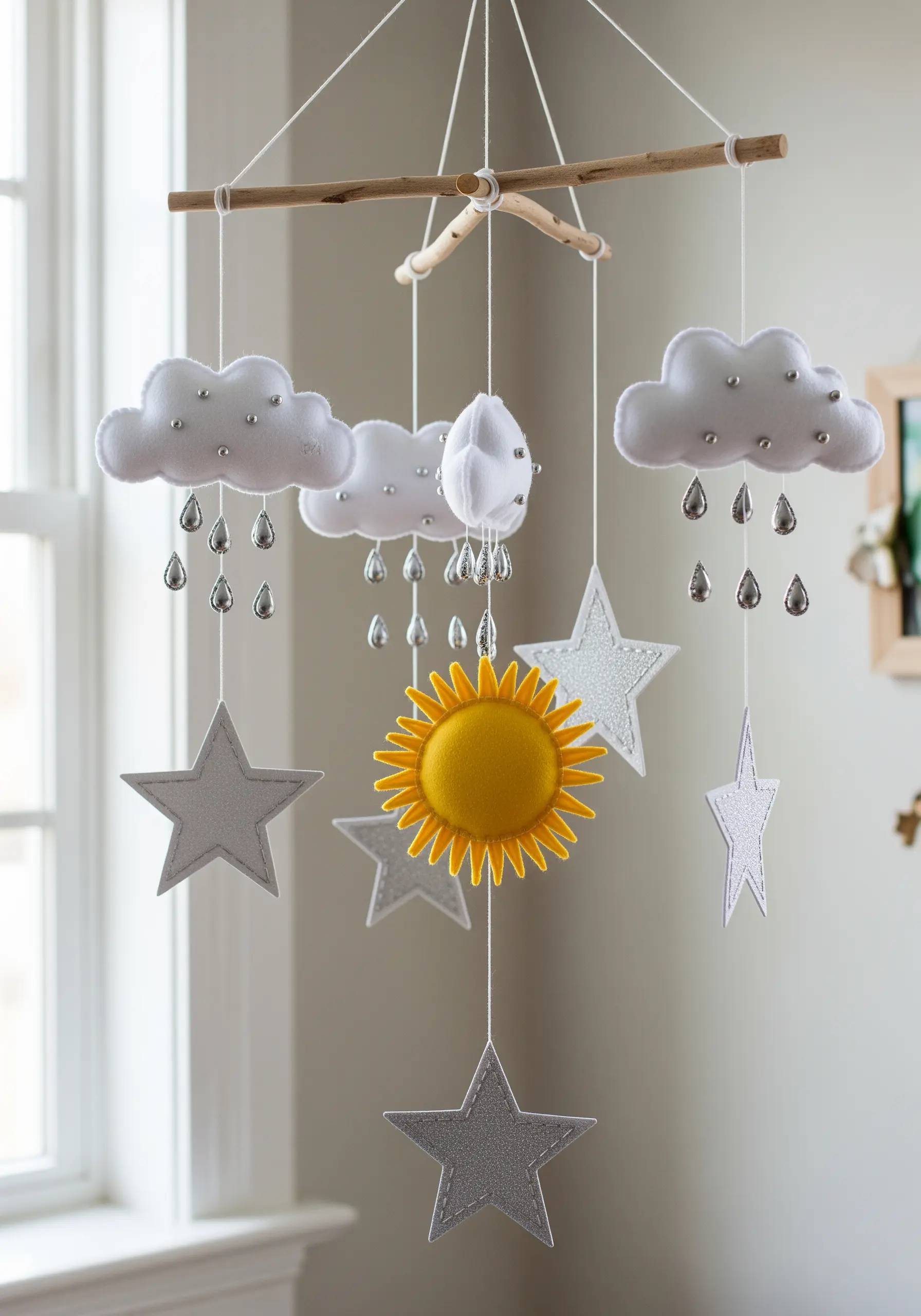 A nursery mobile made of stitched felt clouds, a sun, and stars with beaded raindrops.