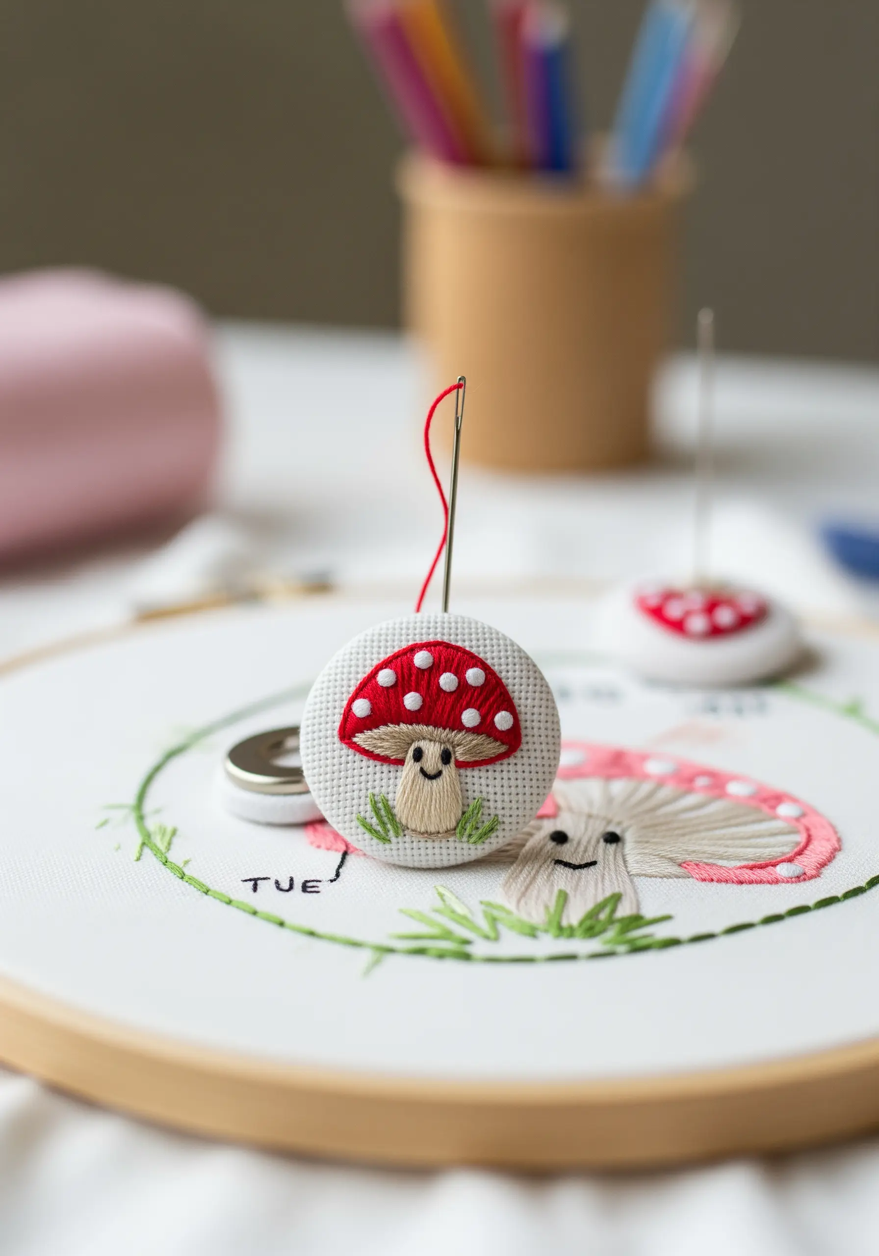 A small, round needle minder embroidered with a cute mushroom character.