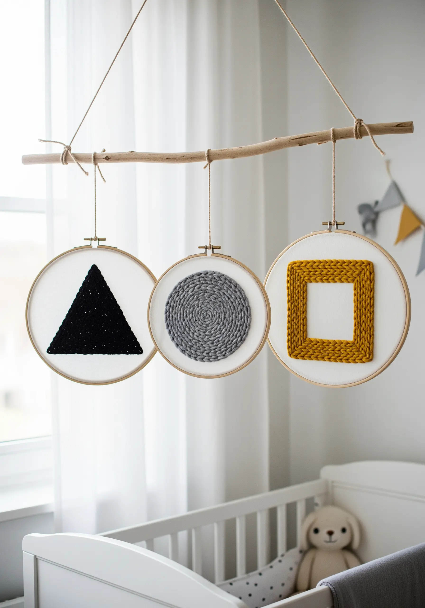 A nursery mobile made of three embroidery hoops with textured geometric shapes in gray, black, and yellow.