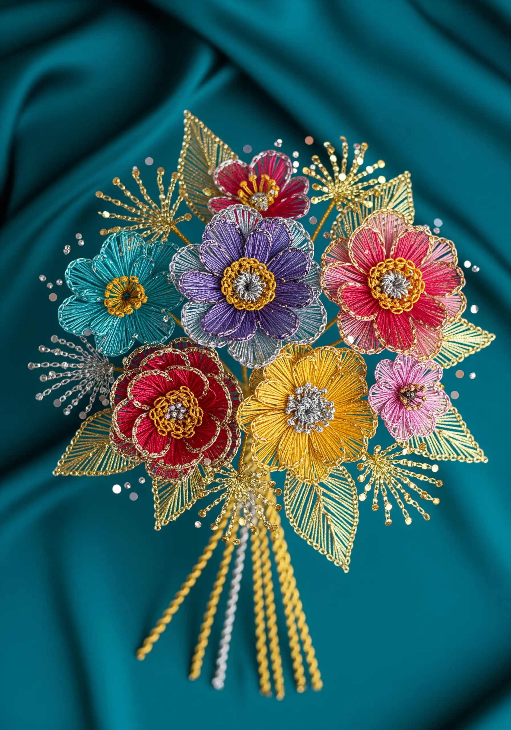 A vibrant embroidered bouquet with colorful flowers outlined in gold and silver metallic threads.