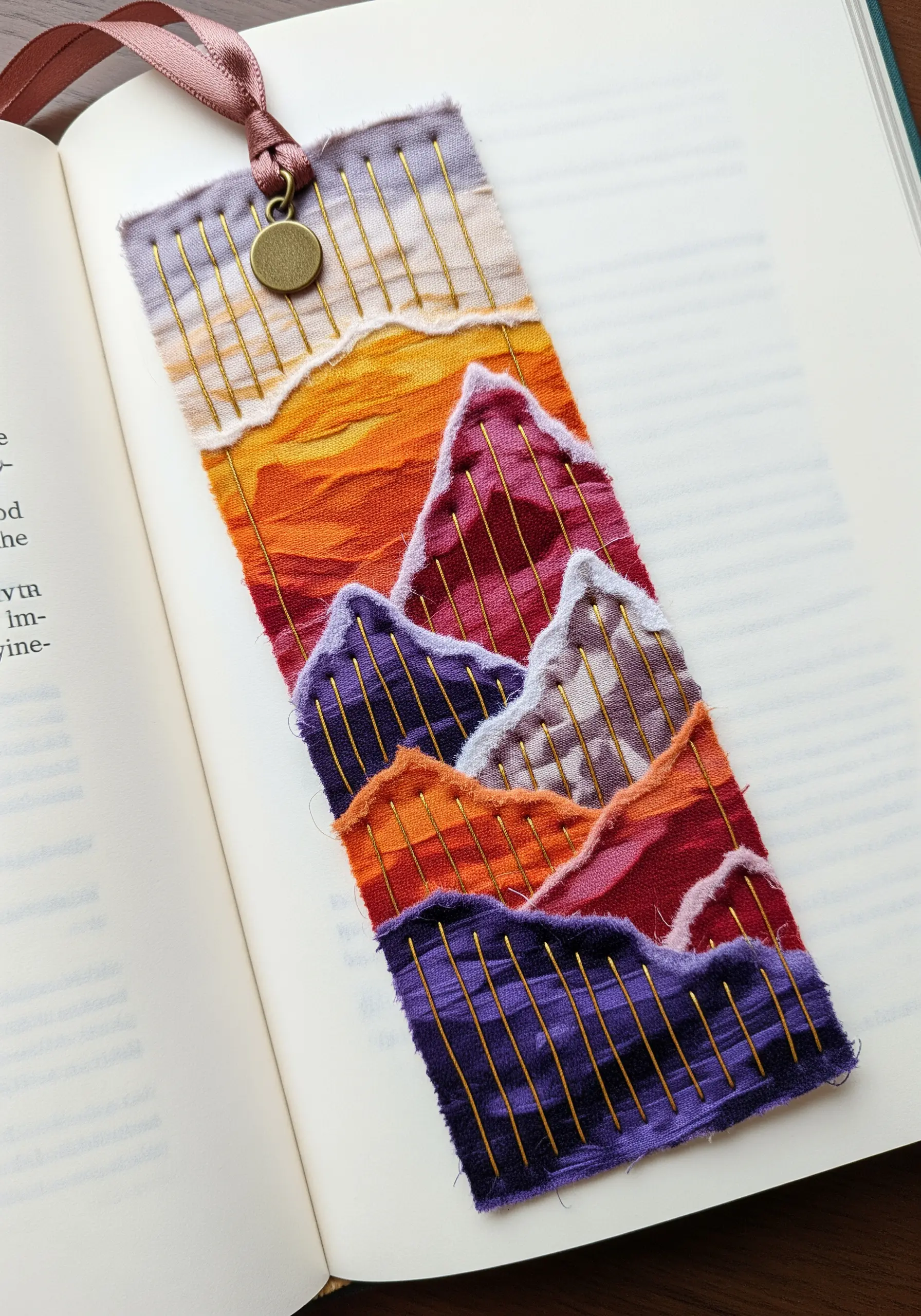 A bookmark made from torn fabric scraps arranged as a mountain range and stitched with gold thread.