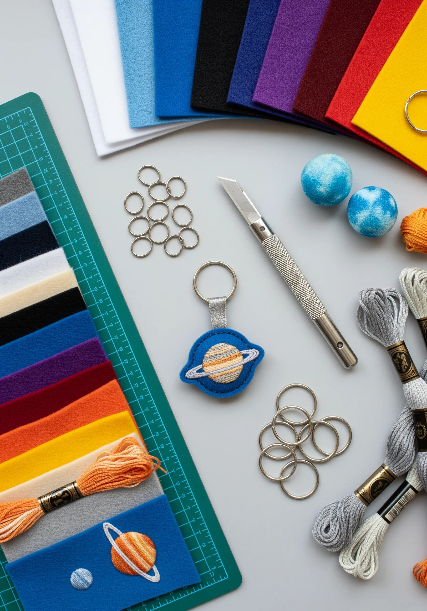 A layered felt keychain of the planet Saturn with embroidered details.