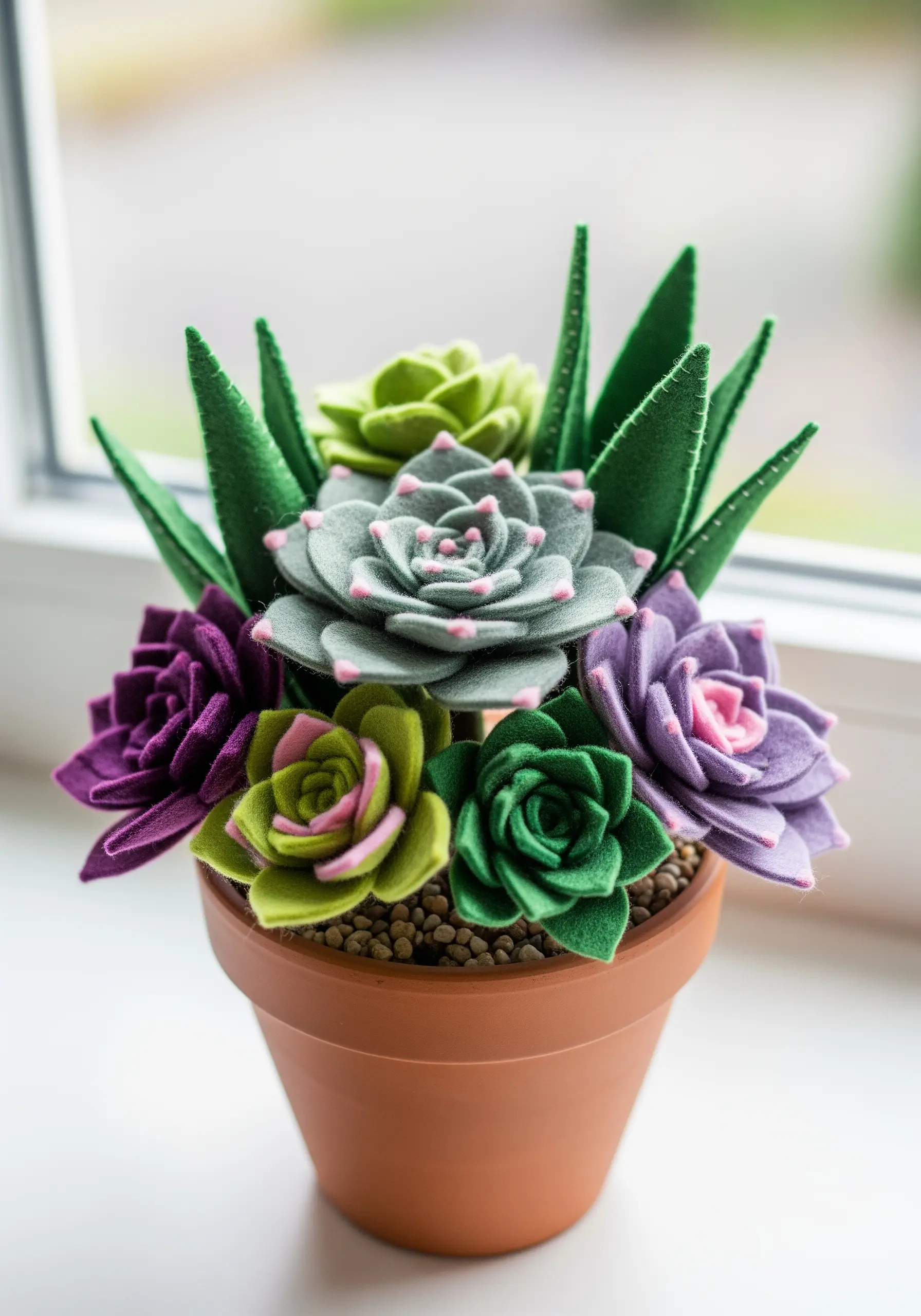A collection of realistic-looking succulents made from colored felt in a small terracotta pot.