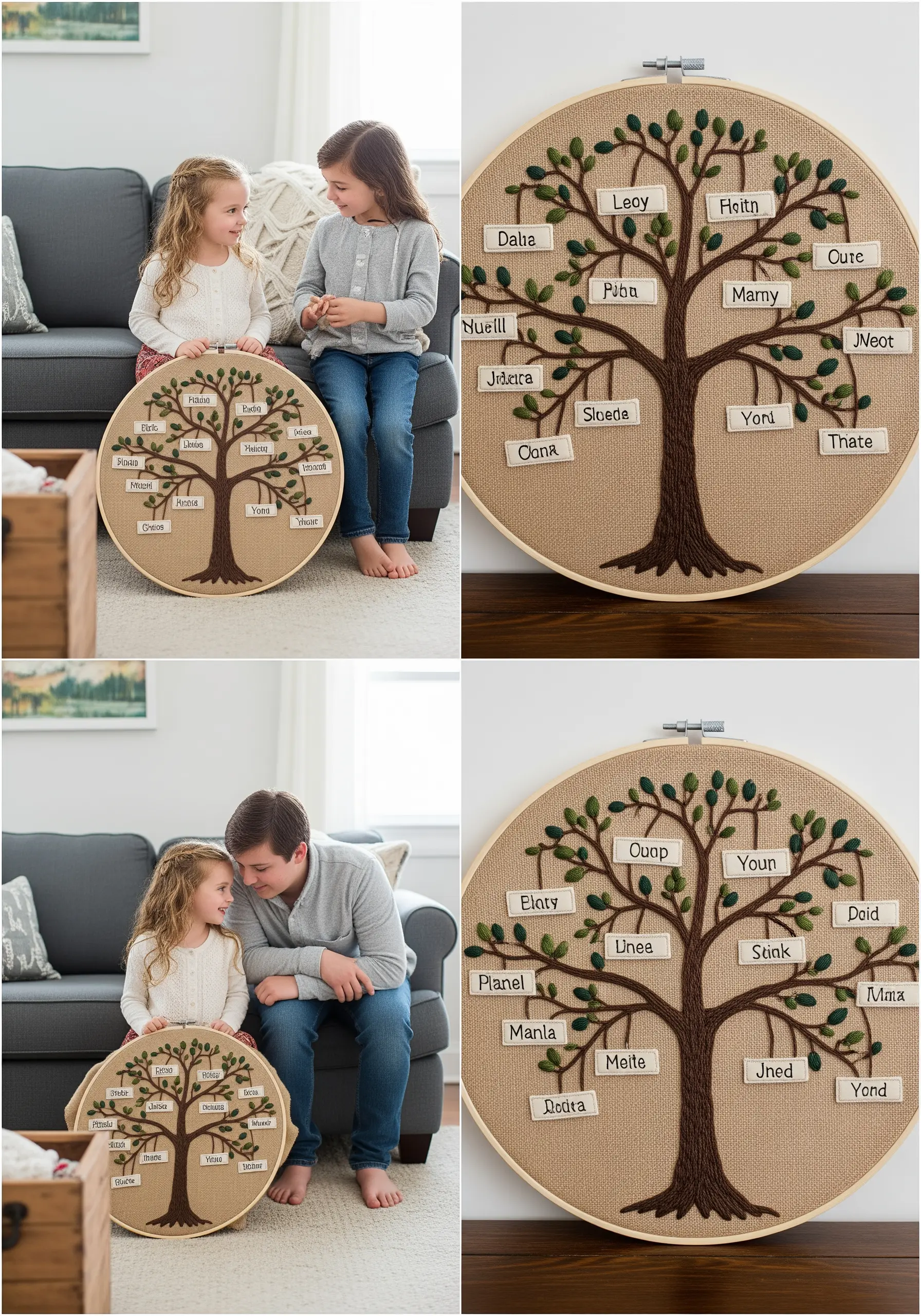 A detailed embroidered family tree on burlap fabric with names printed on small white fabric tags.
