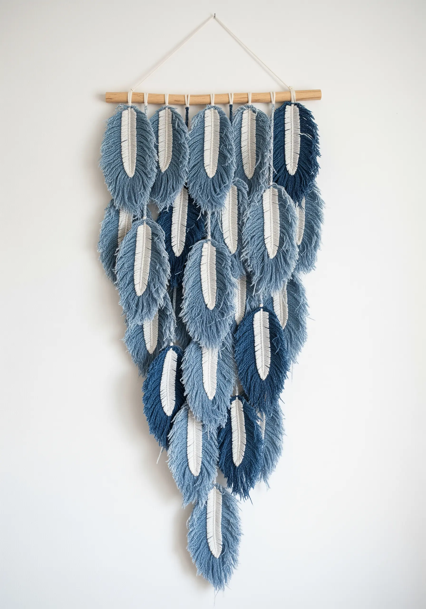 A wall hanging made of multiple blue and white macrame feathers in a cascading arrangement.