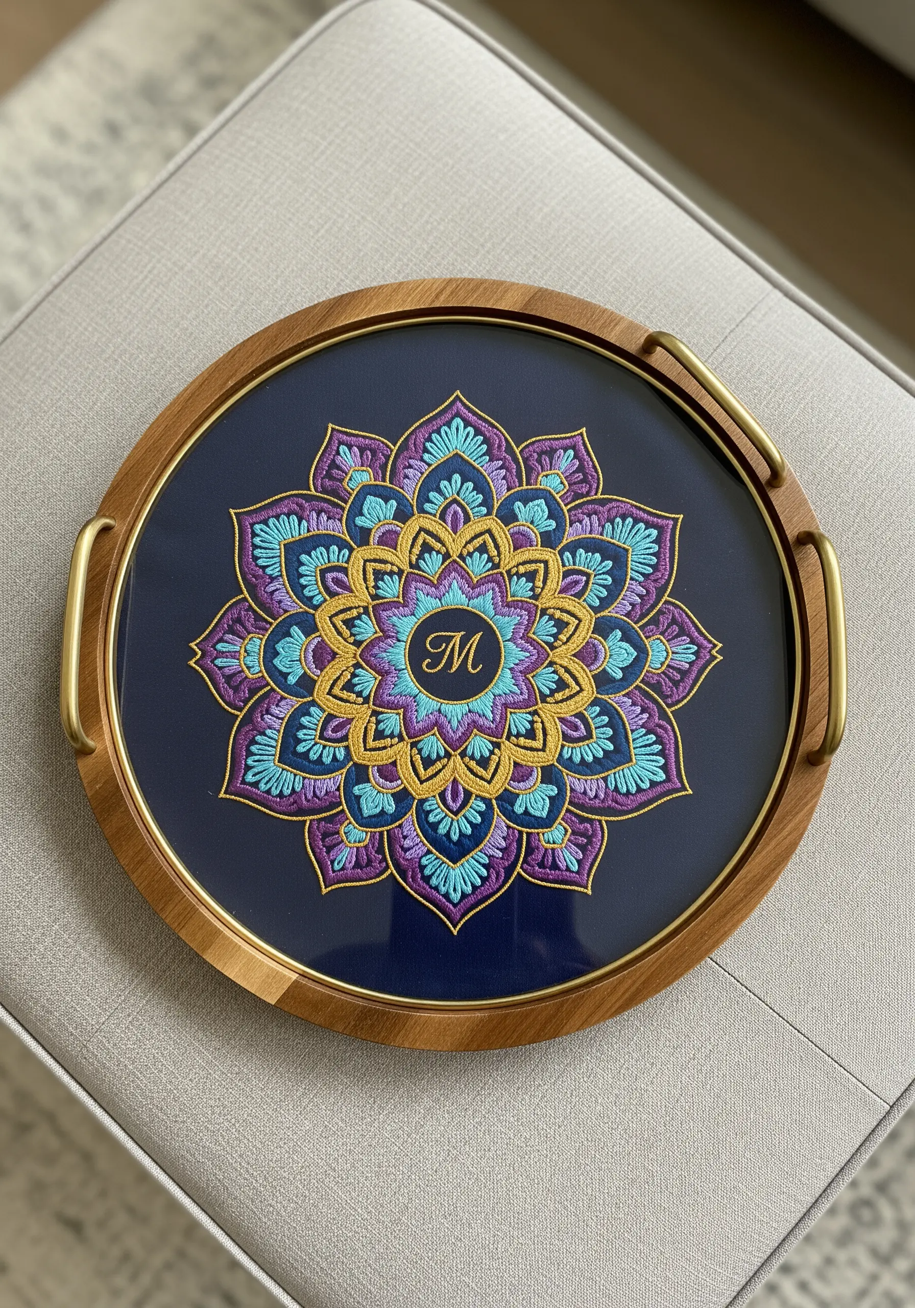 Embroidered mandala with a central monogram, set into a wooden serving tray.