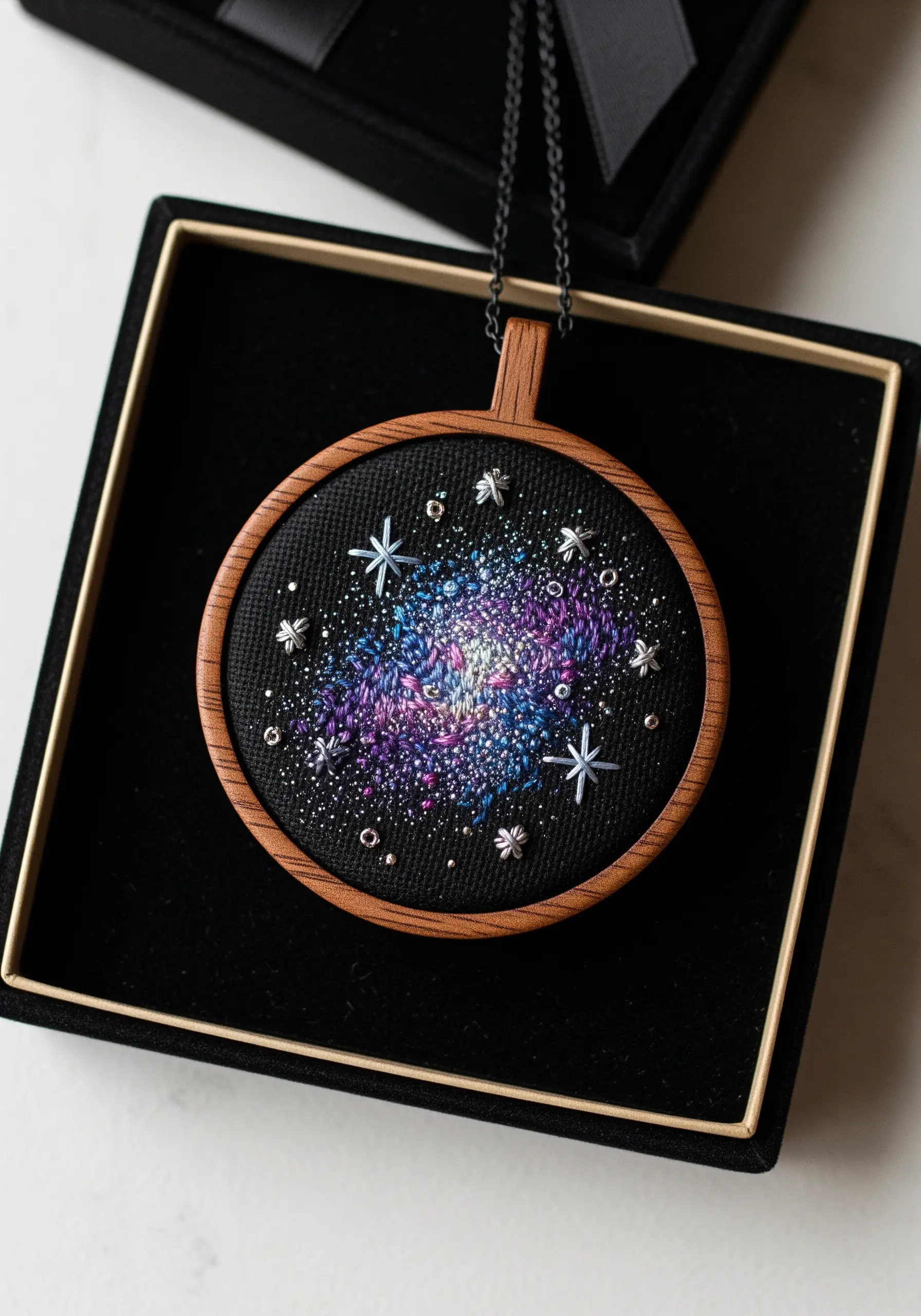 A close-up of a small embroidery hoop necklace depicting a colorful galaxy with metallic stars.