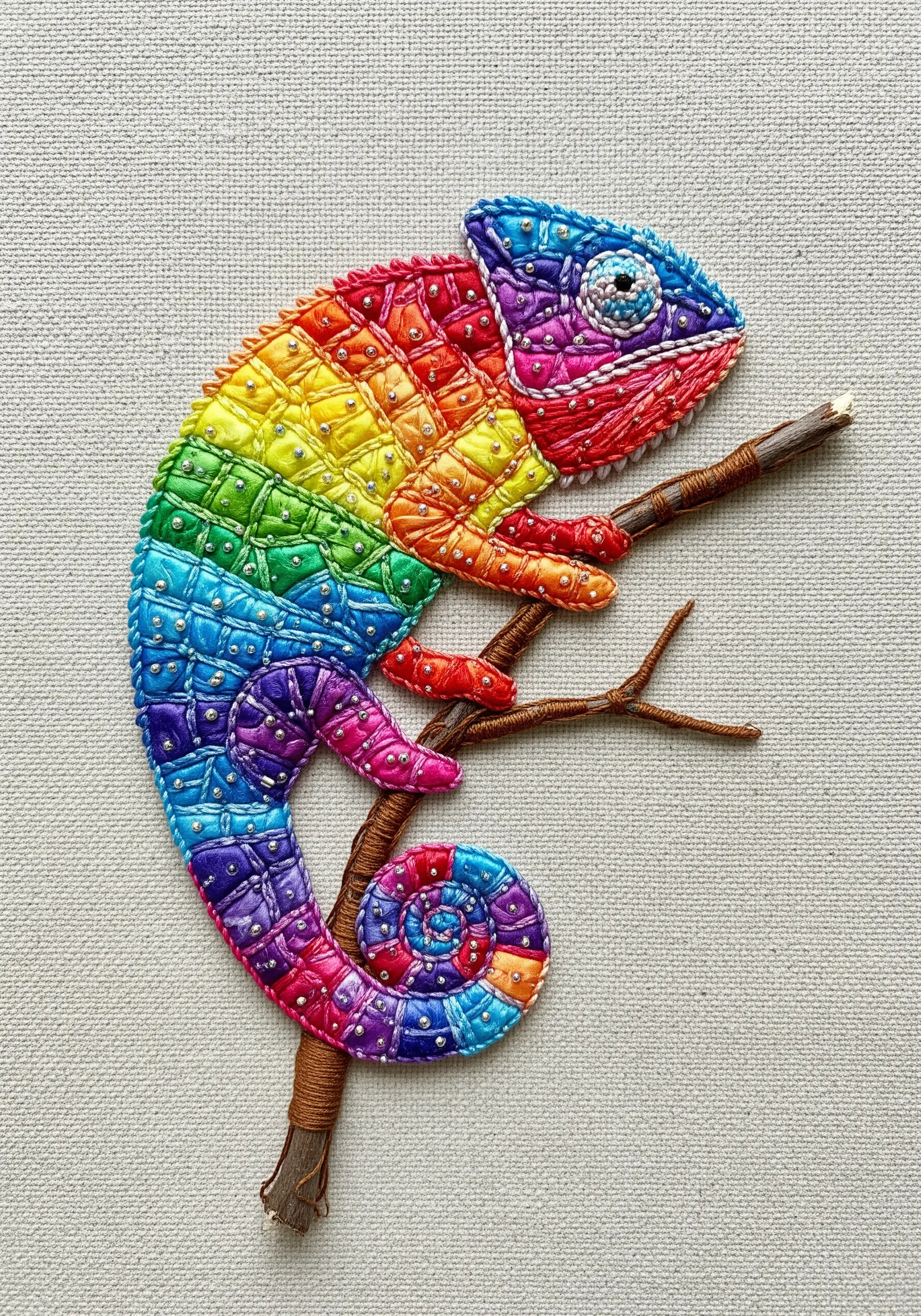 A rainbow chameleon made with padded appliqué, colorful thread, and shimmering beads on a twig.