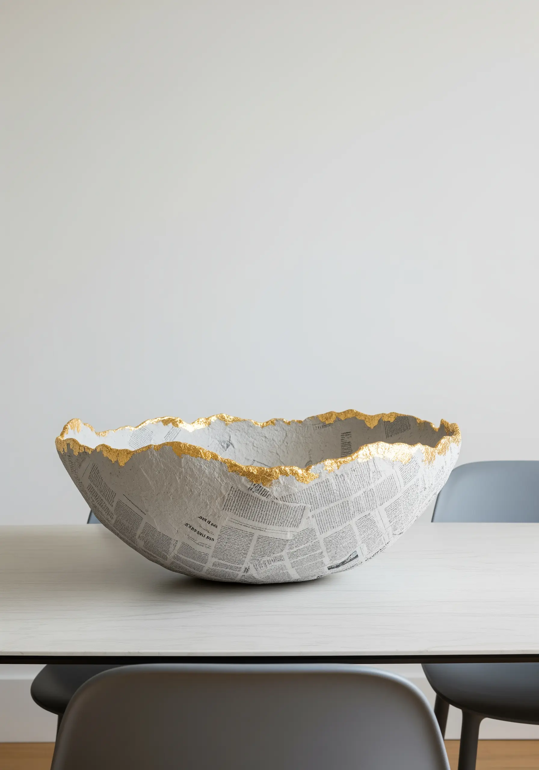 Large papier-mâché bowl made from newspaper with a delicate, uneven gold leaf rim.